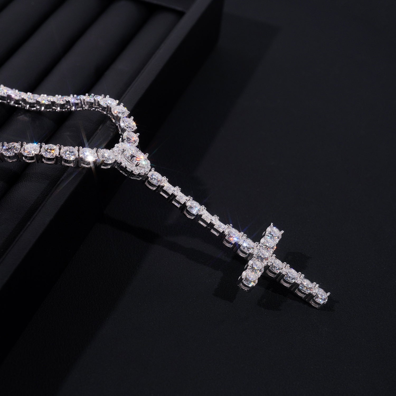 Cross Tennis Rosary Chain Necklace VVS Moissanite Diamond Solid Silver