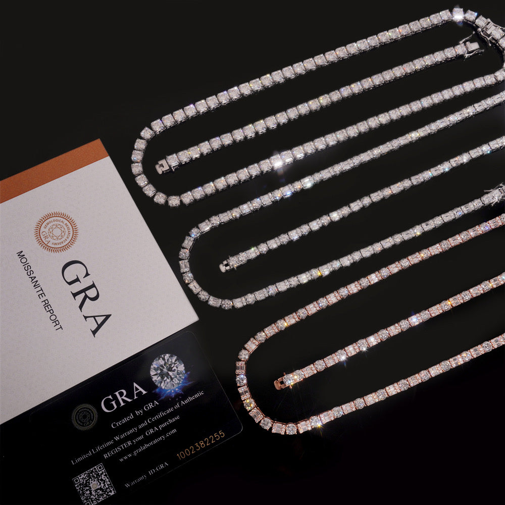 Hot Sell 5MM Round Mix Baguette Diamond Design Moissanite Tennis Necklace