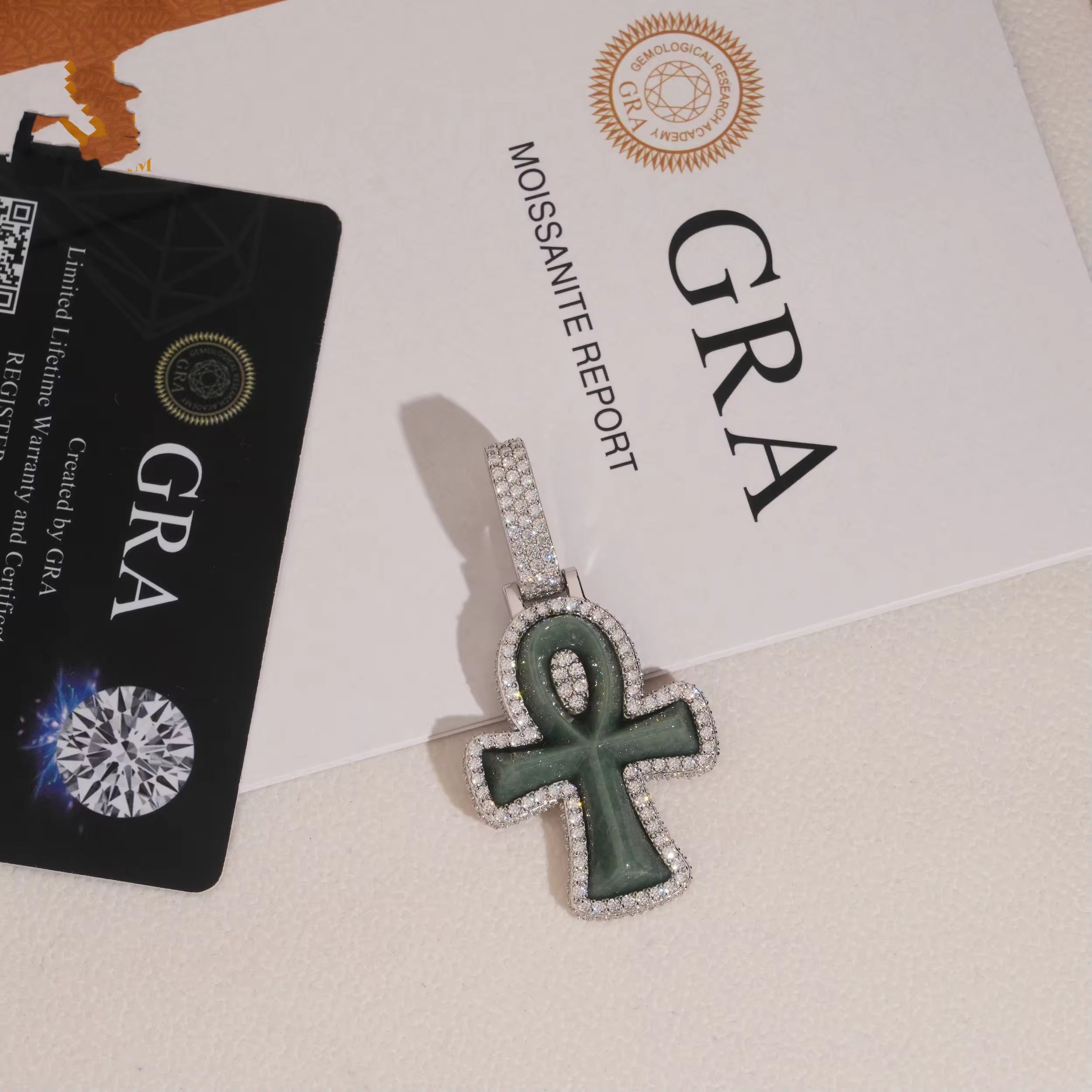 Moissanite Jade Ankh Cross Pendant Match 10MM Cuban Necklace