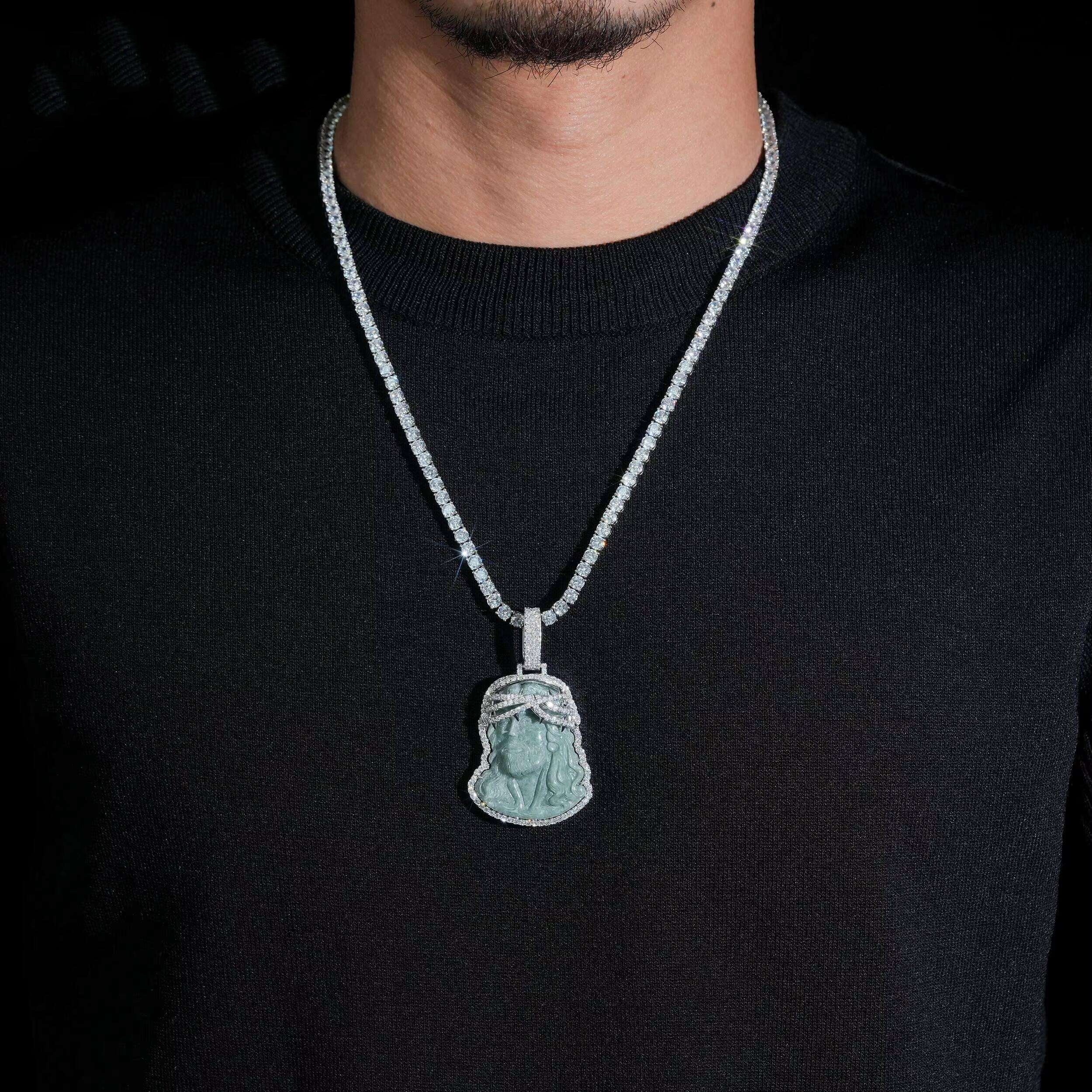 2inch Tall Iced Frame Jade Jesus Pendant Moissanite
