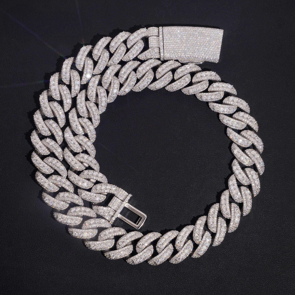 20MM Raised Stone Cuban Necklace Sterling Silver Moissanite Diamond
