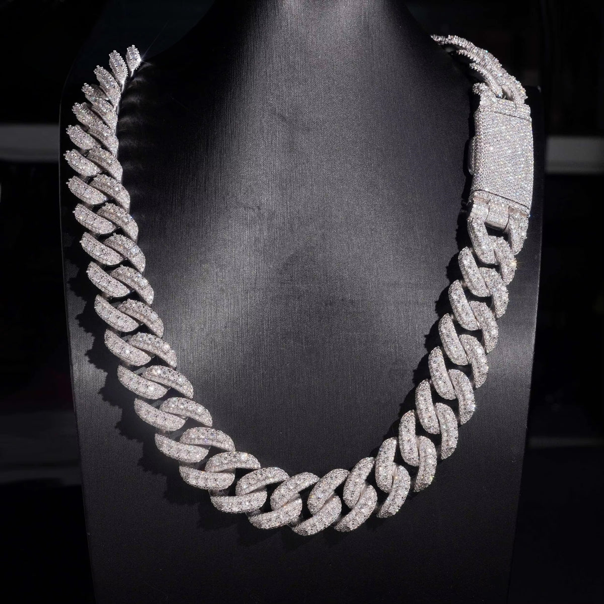 20MM Raised Stone Cuban Necklace Sterling Silver Moissanite Diamond