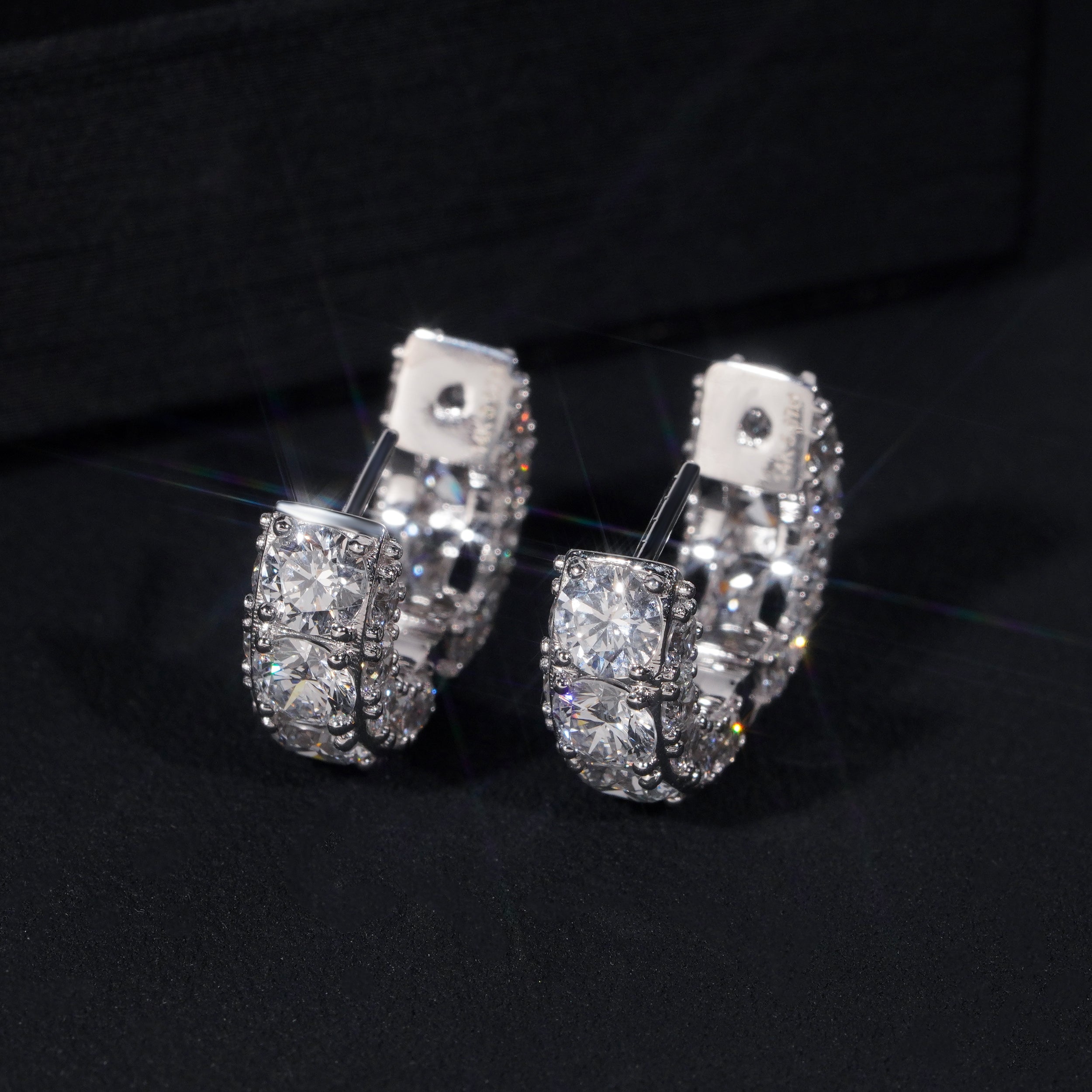 Solid 14K White Gold Iced Out Hoop Huggie Earrings with Lab Diamond