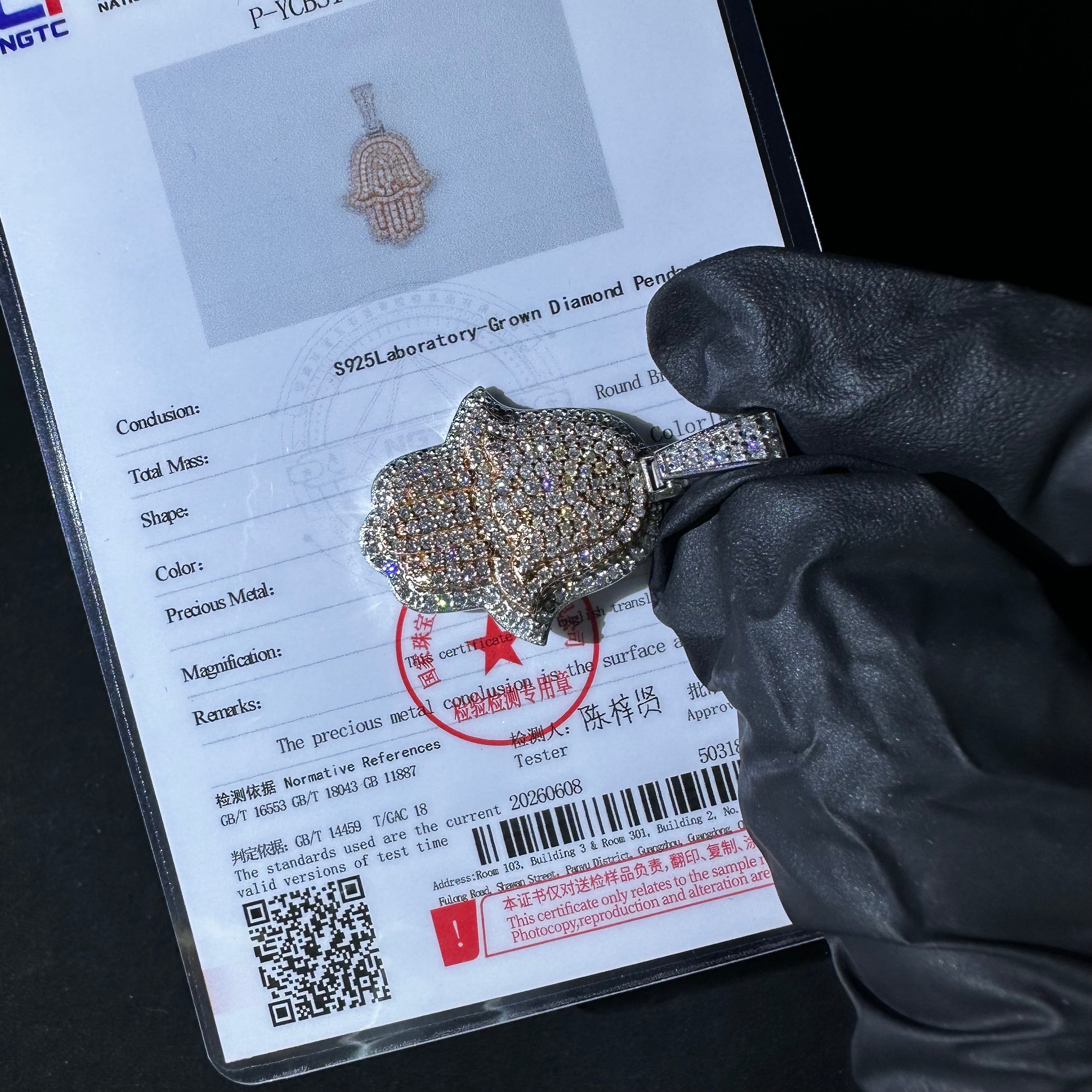 925 Sterling Silver LAB Grown Diamond Hamsa Pendant Rose Gold