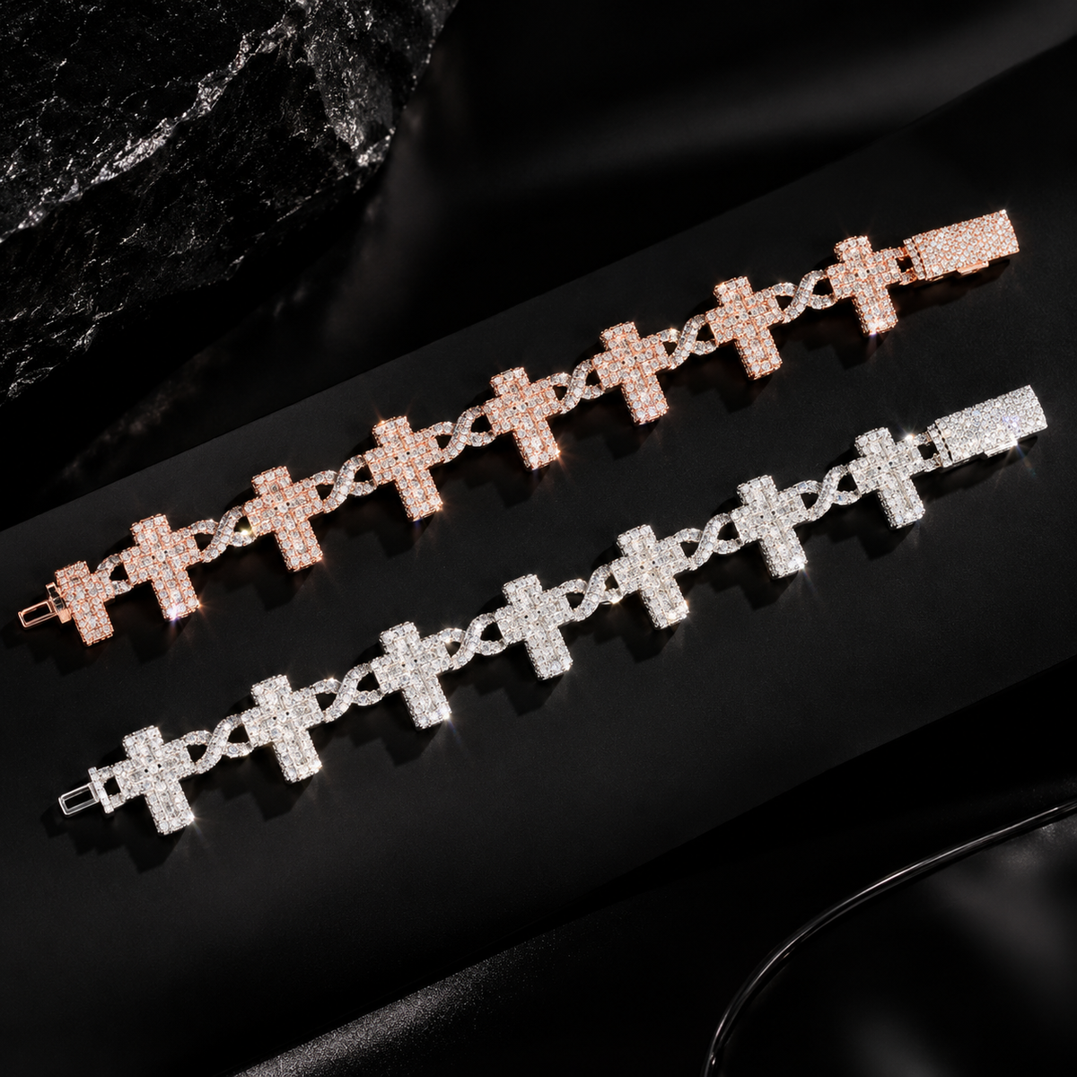 Rapper Jewelry Round Mix Baguette Moissanite Iced Out Cross Bracelet With Moissanite Diamond