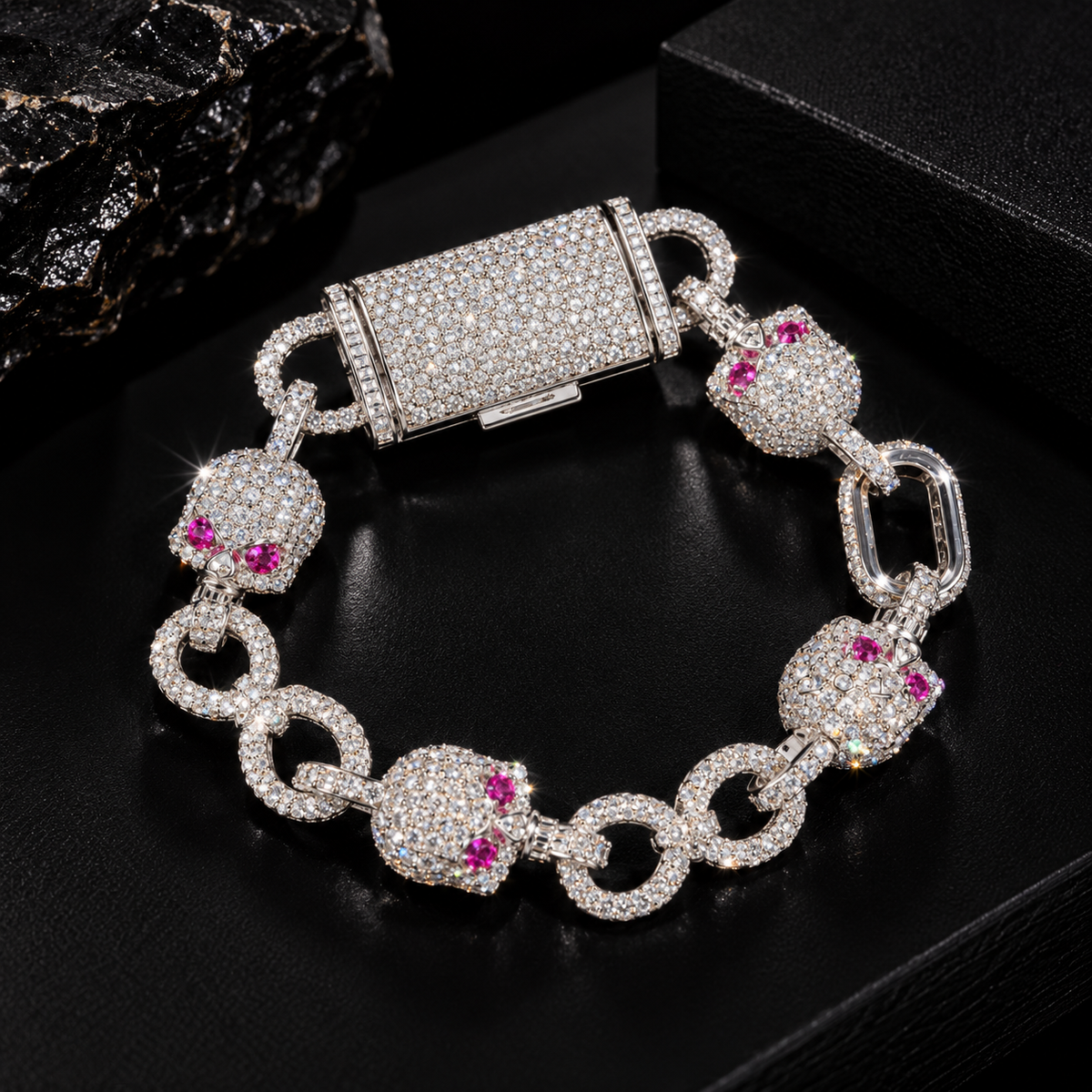10MM Iced Out Moissanite Skull Bracelet with Ruby Eyes, 925 Silver Hip Hop Jewelry