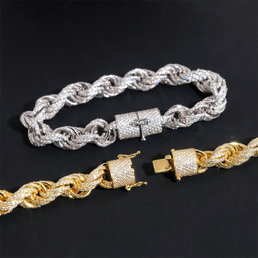 10MM 3D Fully Iced Moissanite Rope Bracelet For Men Solid Silver