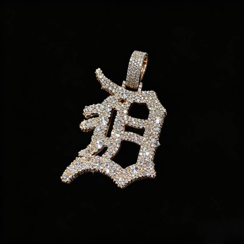 2Inch Tall Rose Gold Letter Pendant B Moissanite Diamond Upside Down Inverted Setting