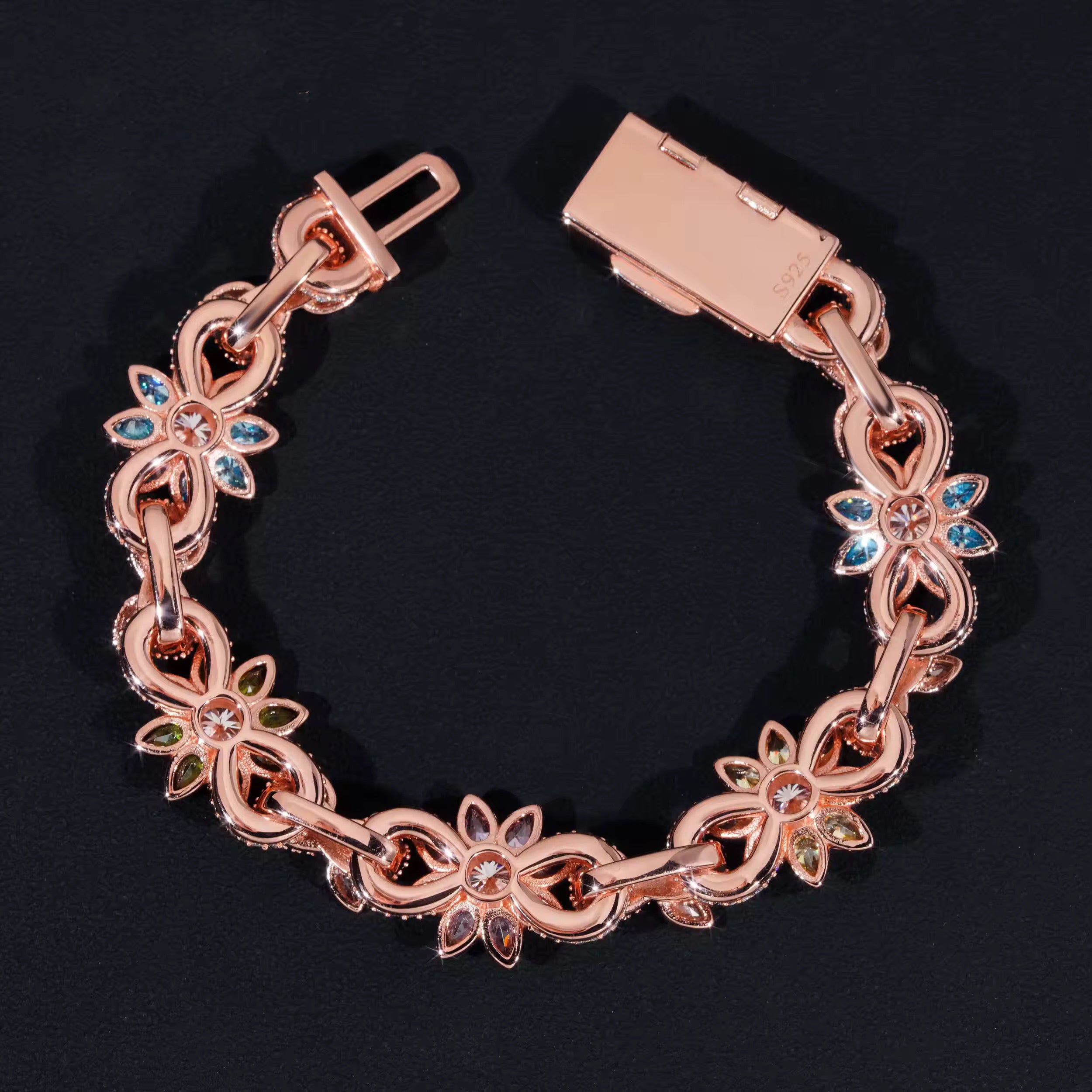 13MM Rose Gold Color Moissanite Flower Infinity Link Bracelet Iced Out For Men