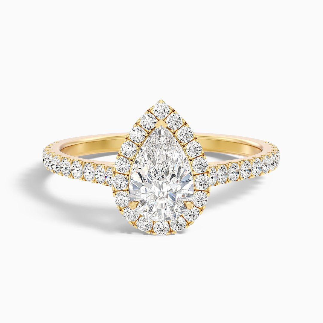 1 Carat Pear Shaped Halo Lab Grown Engagement Ring in 10k Yellow Gold