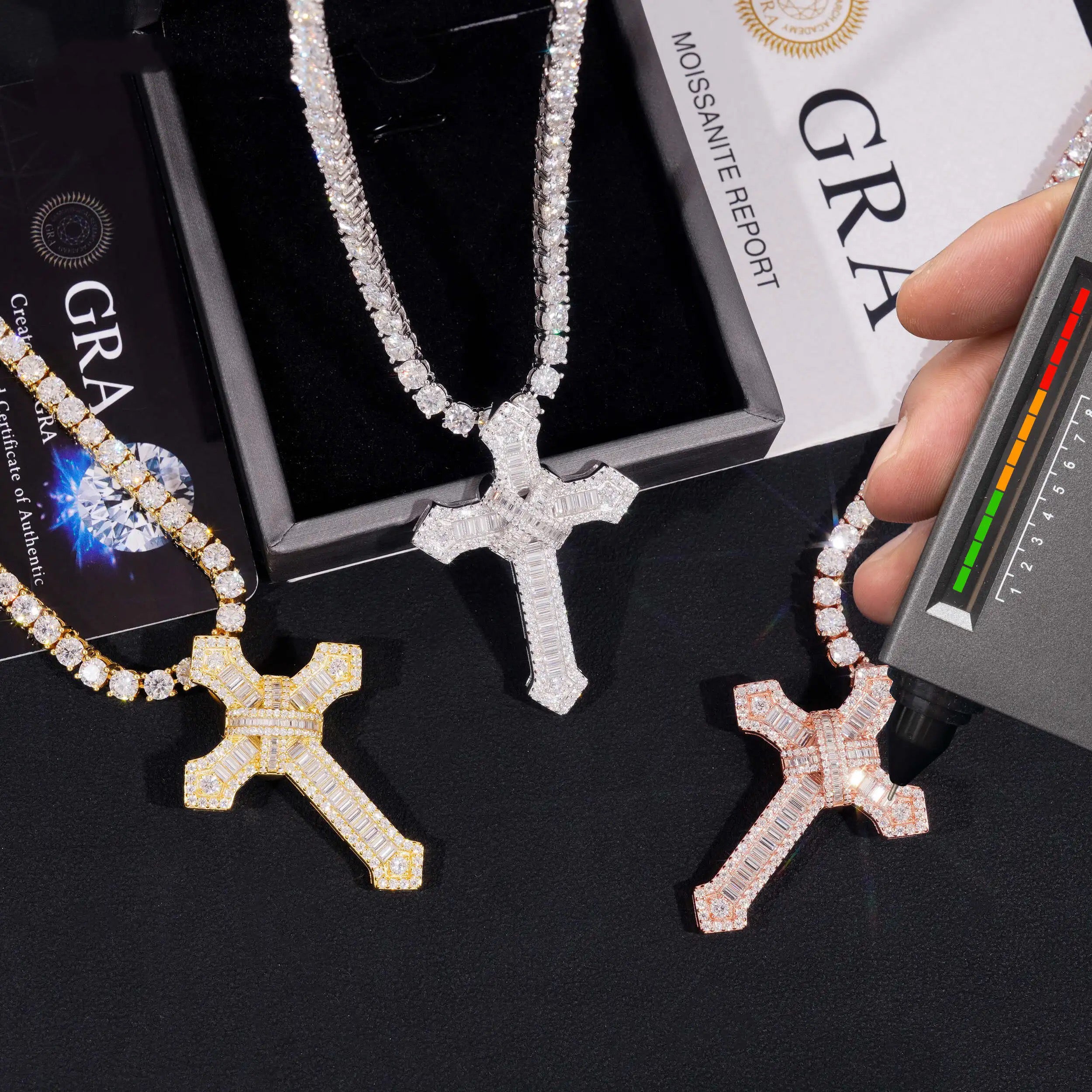 New Arrival 925 Silver Baguette Cut Cross Pendant Charm Match 3MM Tennis Chain