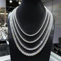 4mm moissanite tennis necklace shown on a neck display, white gold over 925 silver — CustomHipHop
