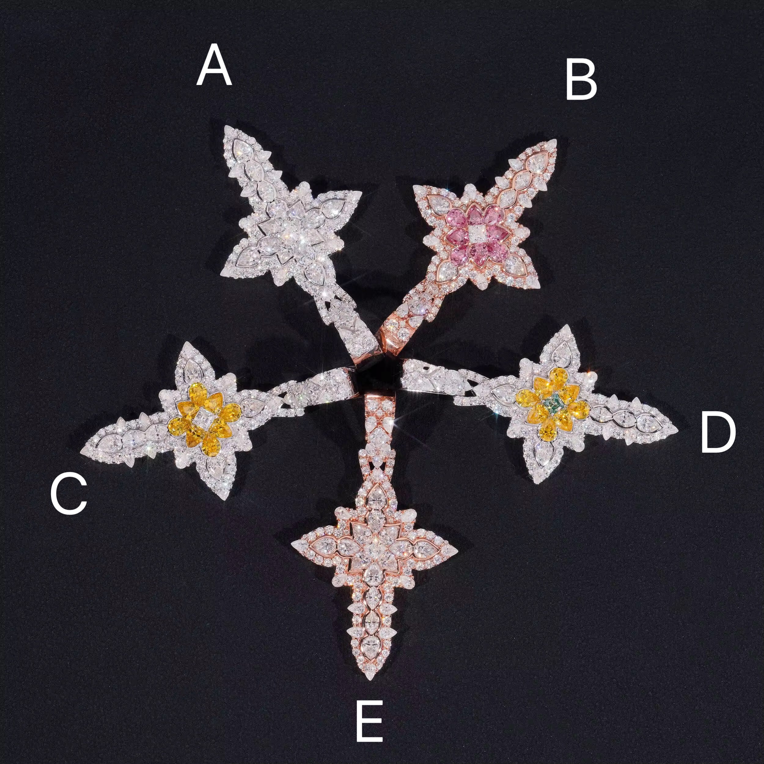 New Arrival Color Moissanite Flower Cross Pendant Fit for 4MM Tennis Chain