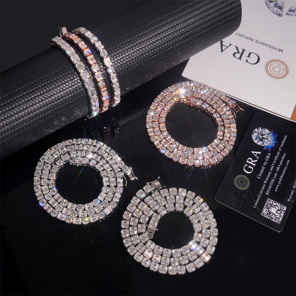 Hot Sell 5MM Round Mix Baguette Diamond Design Moissanite Tennis Necklace