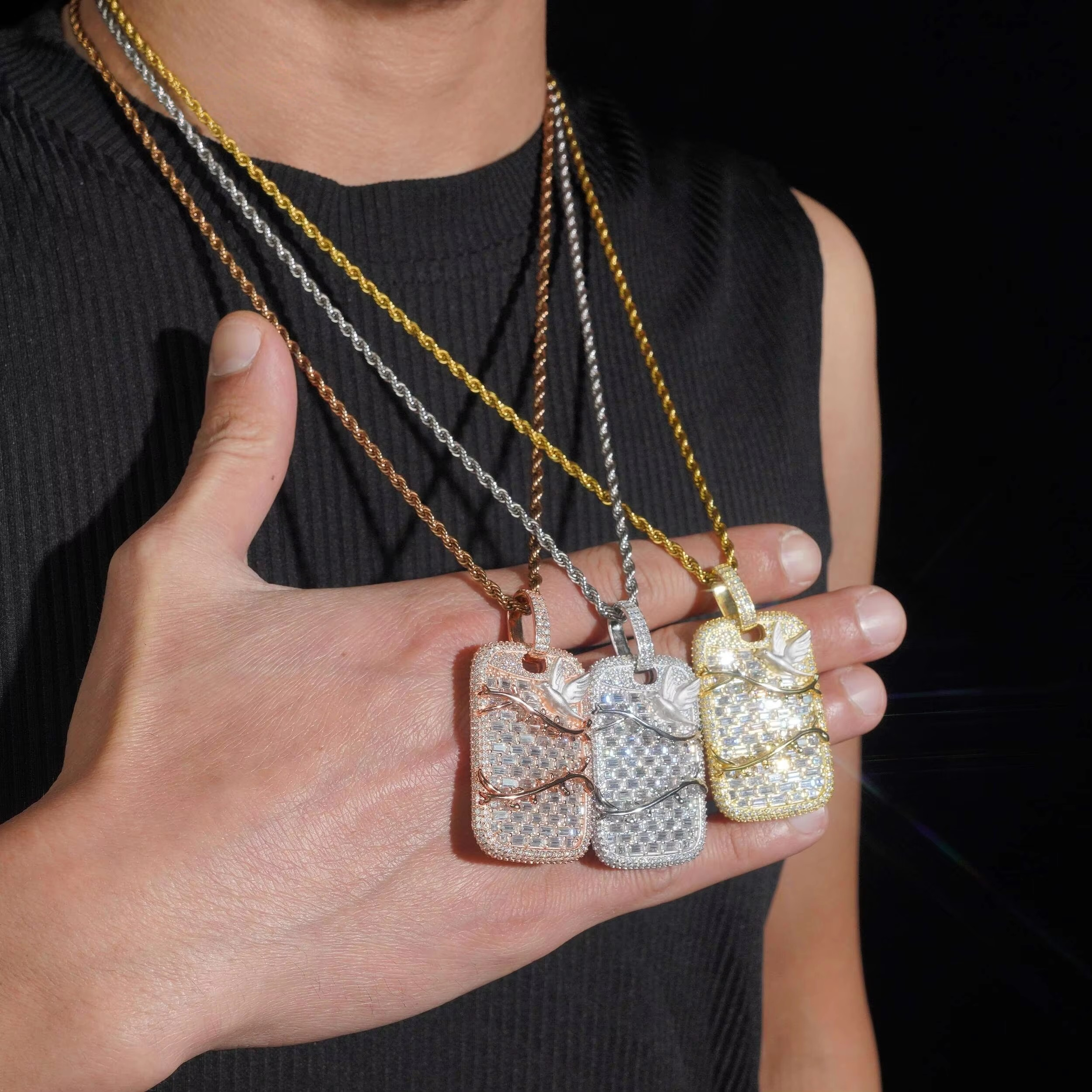 Baguette Cut Moissanite Diamond Dog Tag Pendant With Bird