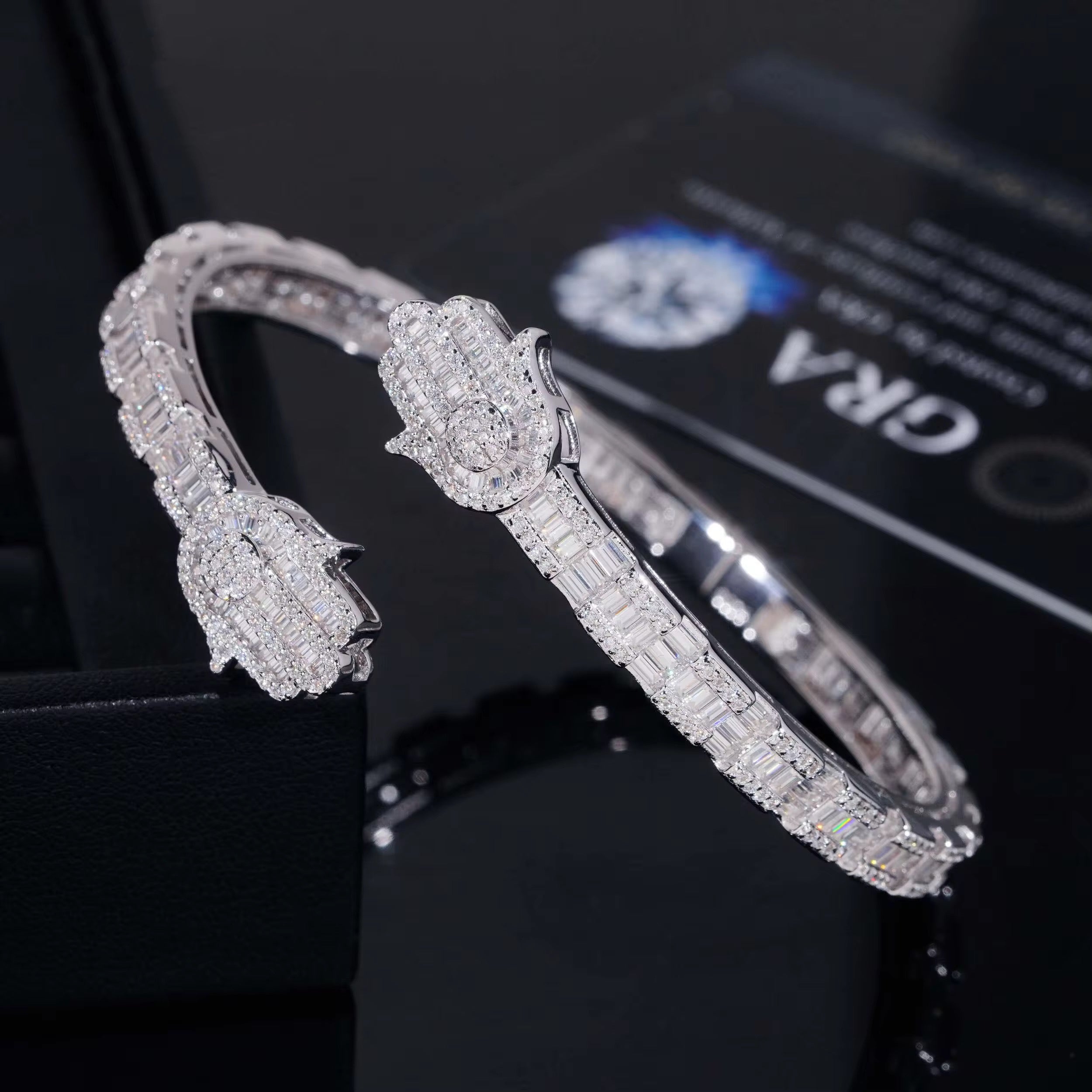 VVS Baguette Cut Moissanite Diamond Bangle Bracelet With Hamsa Charm Silver 925