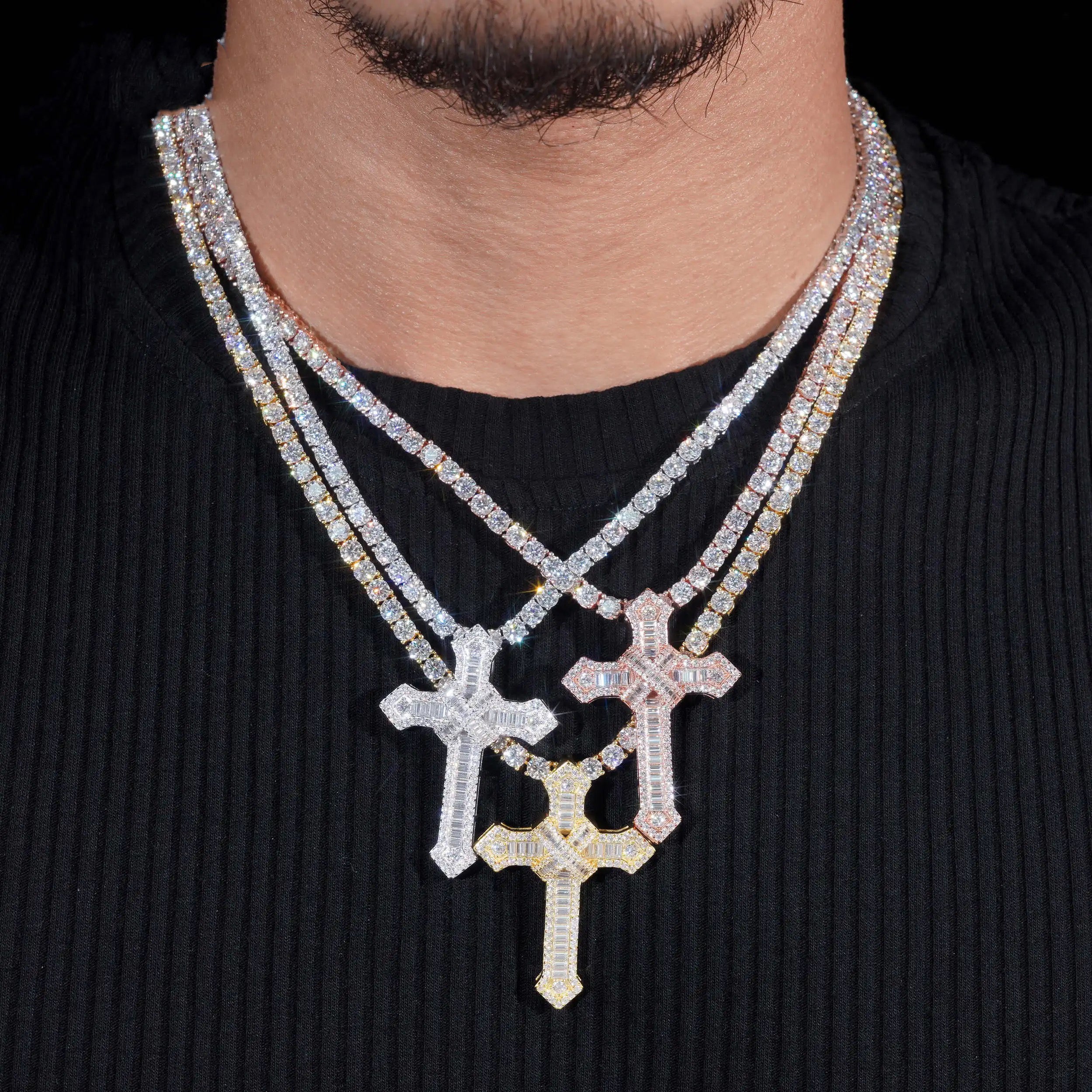 New Arrival 925 Silver Baguette Cut Cross Pendant Charm Match 3MM Tennis Chain