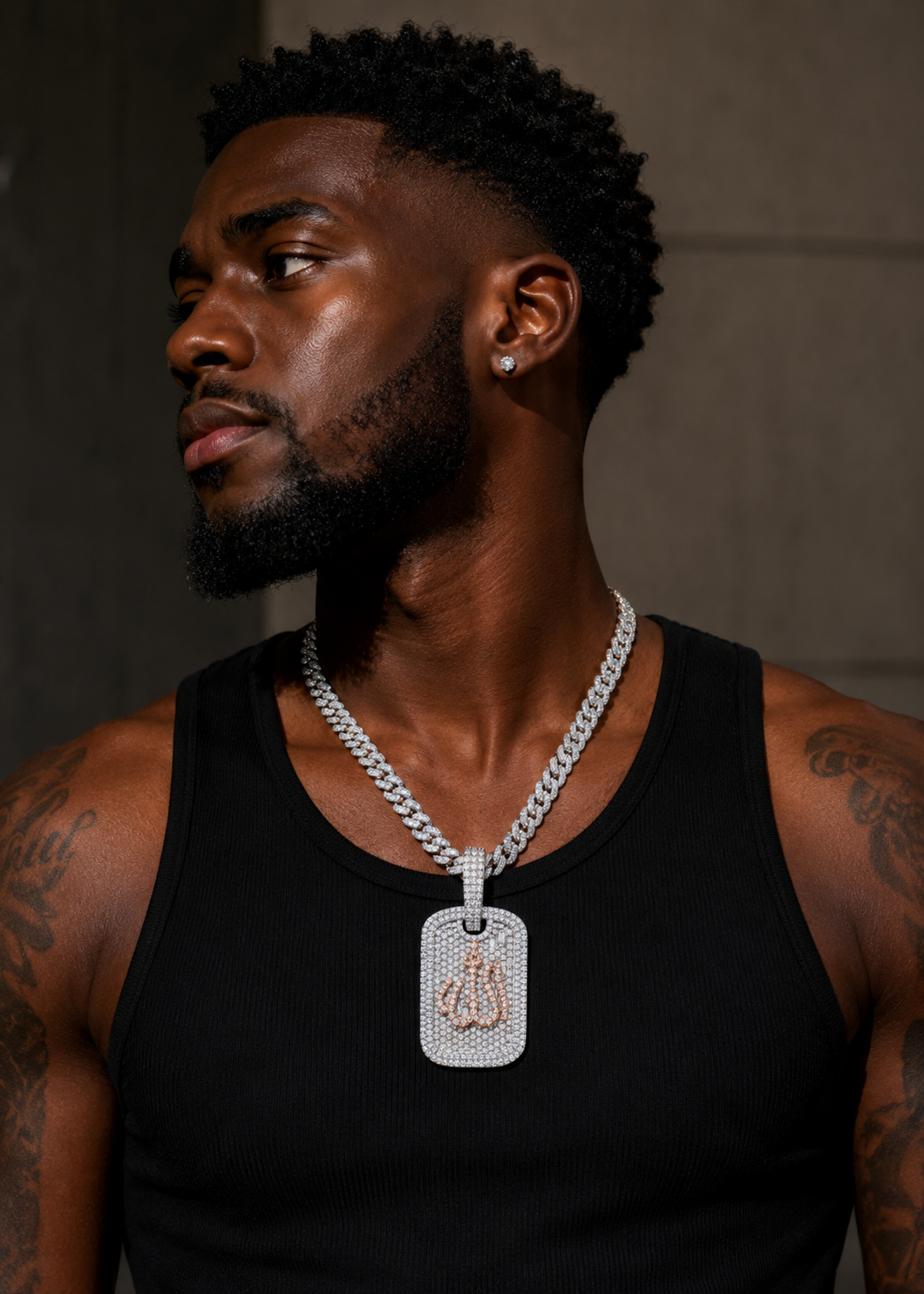 Rose Gold Two Tone Allah Symbol Dog Tag Pendant Moissanite Diamond