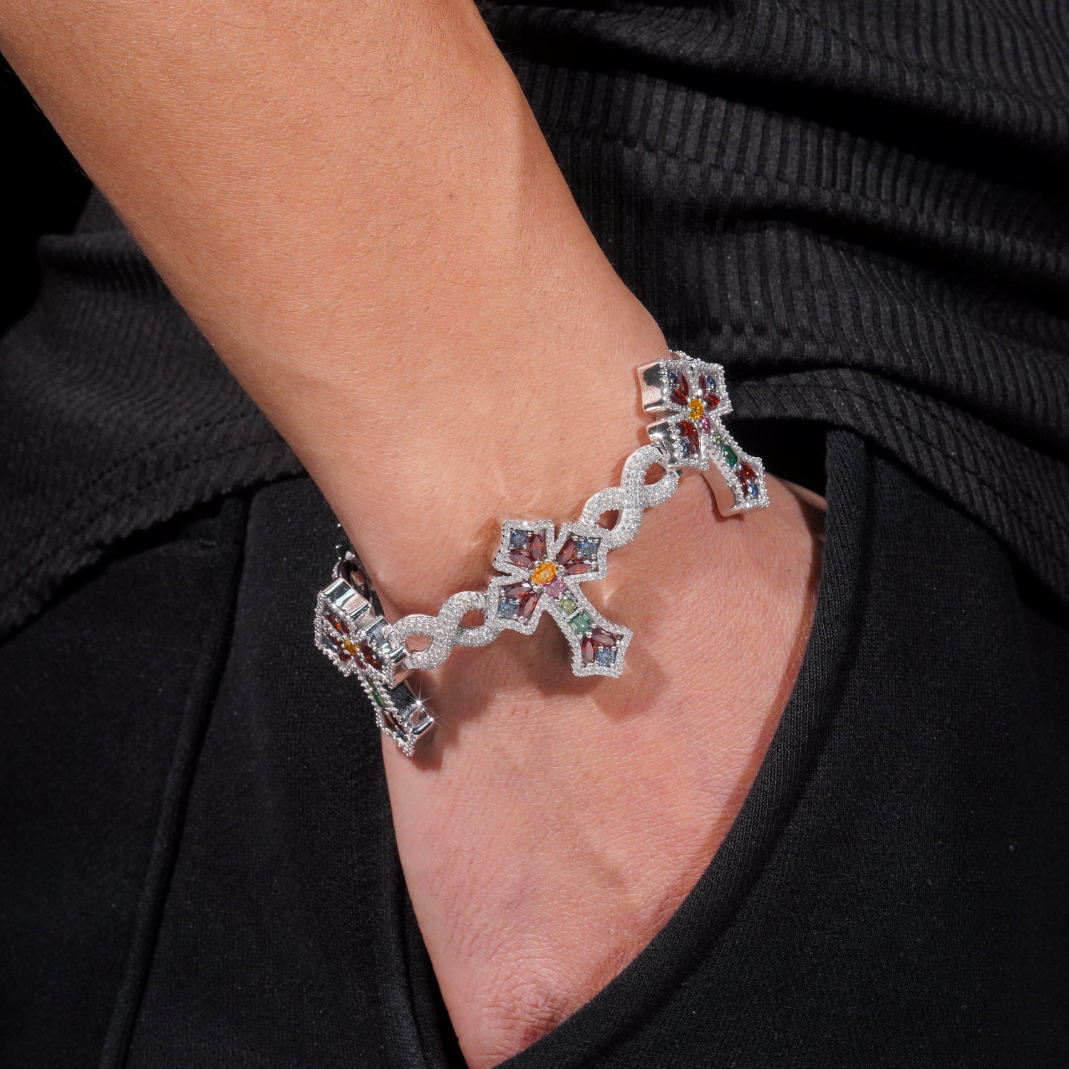 New Arrival Color Moissanite Diamond Baguette Cut Cross Bracelet Solid Silver