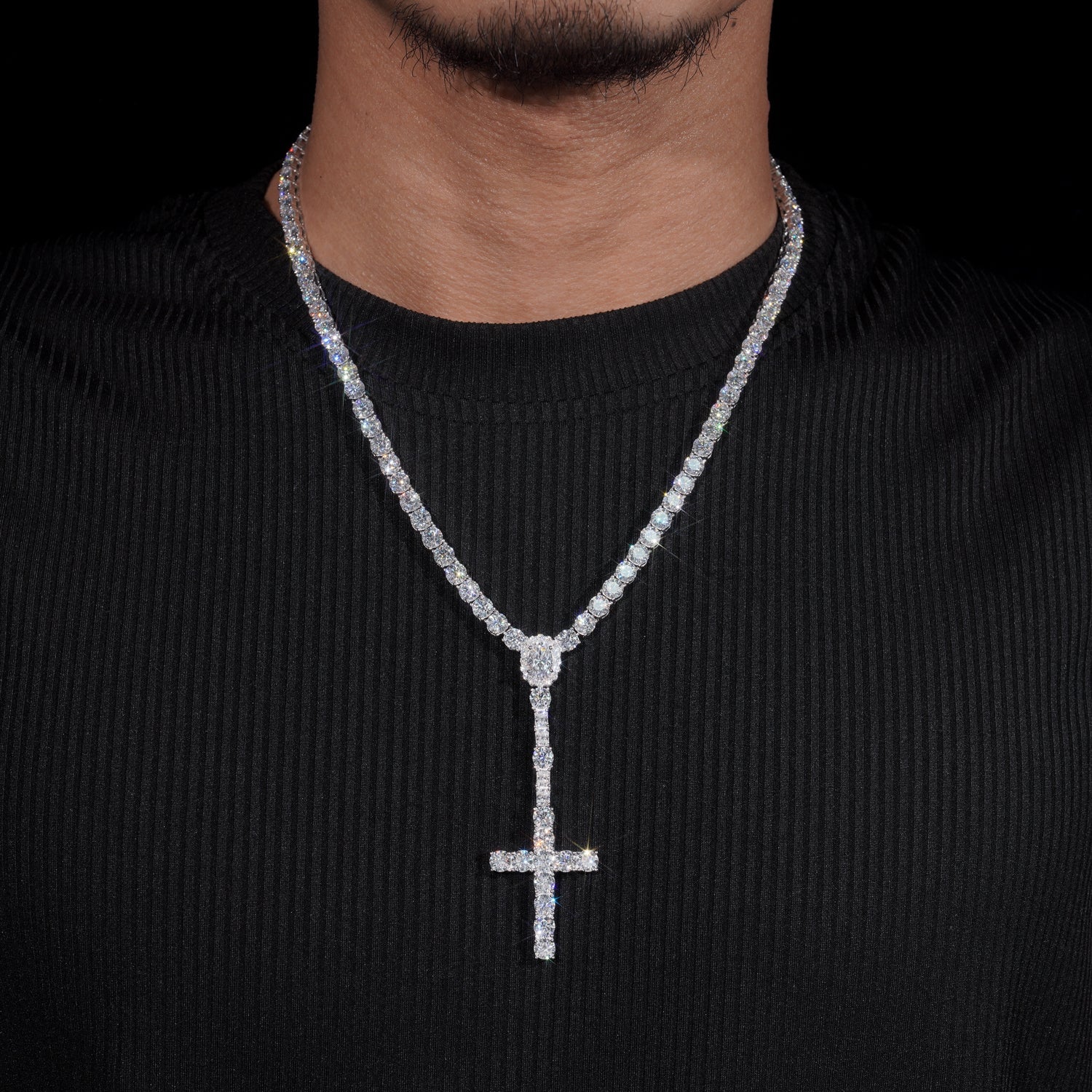 Cross Tennis Rosary Chain Necklace VVS Moissanite Diamond Solid Silver