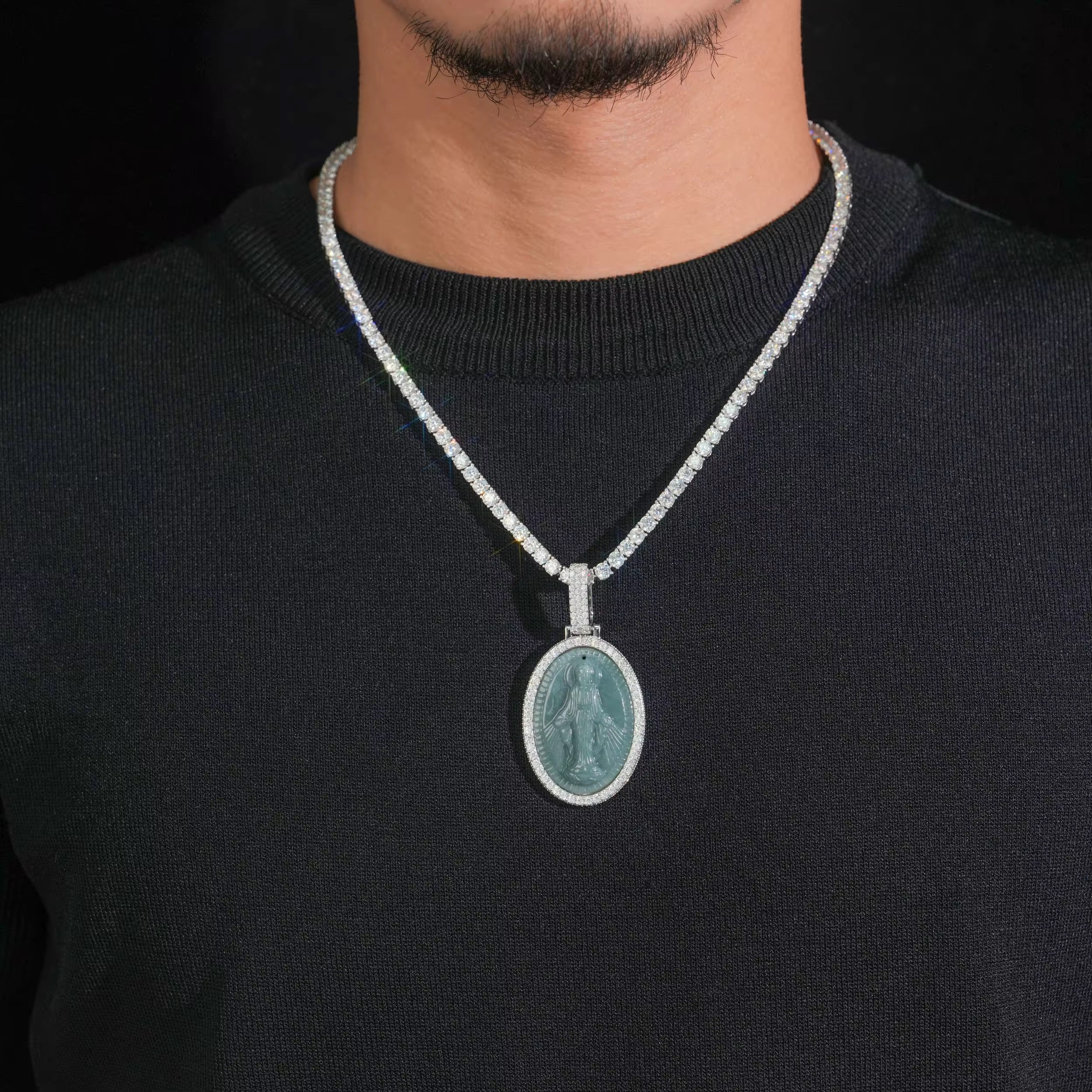 Oval Diamond Frame Maria Jade Pendant