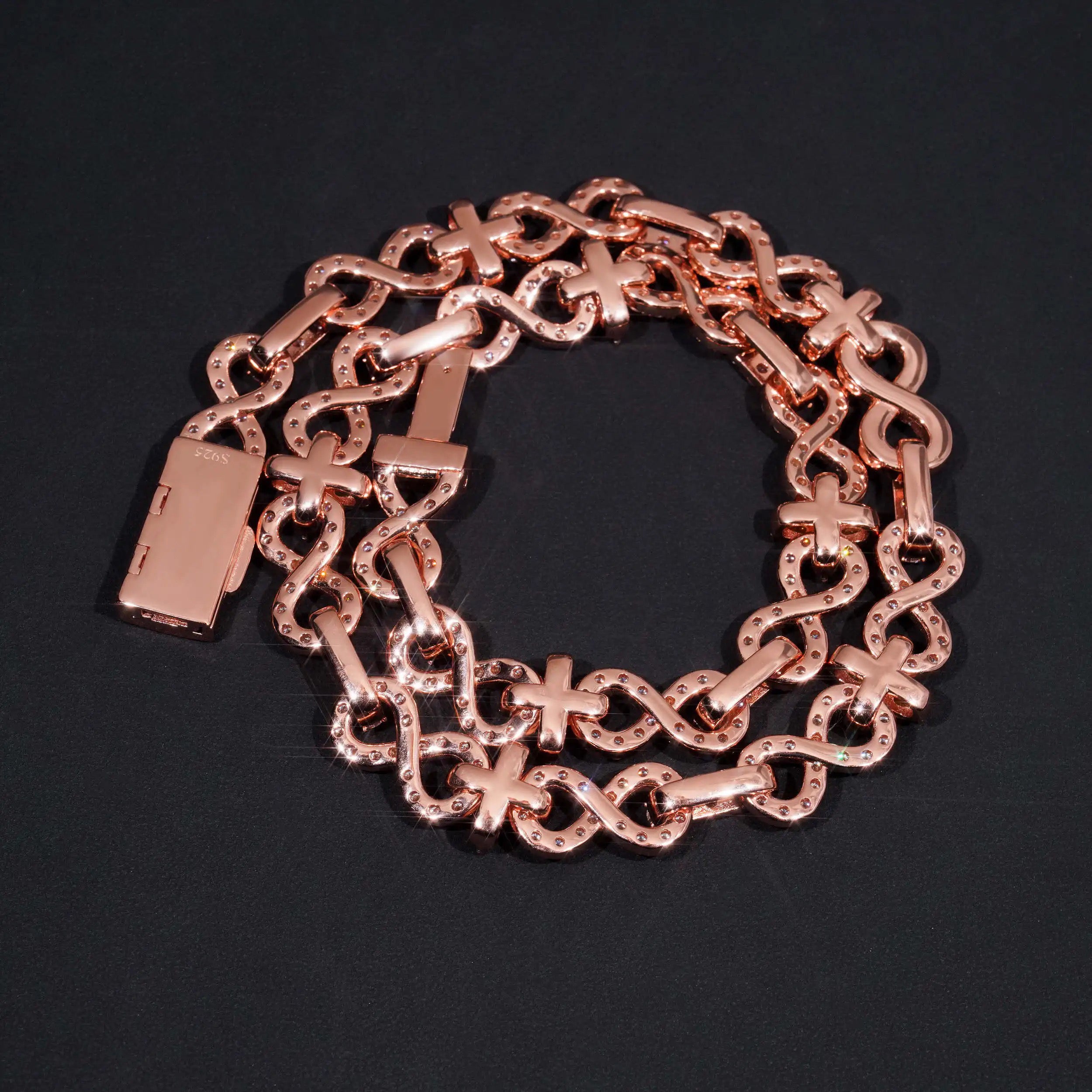 13MM Rose Gold Plated Over Solid Silver Vvs Moissanite Diamond Color Infinity Link Chain For Men