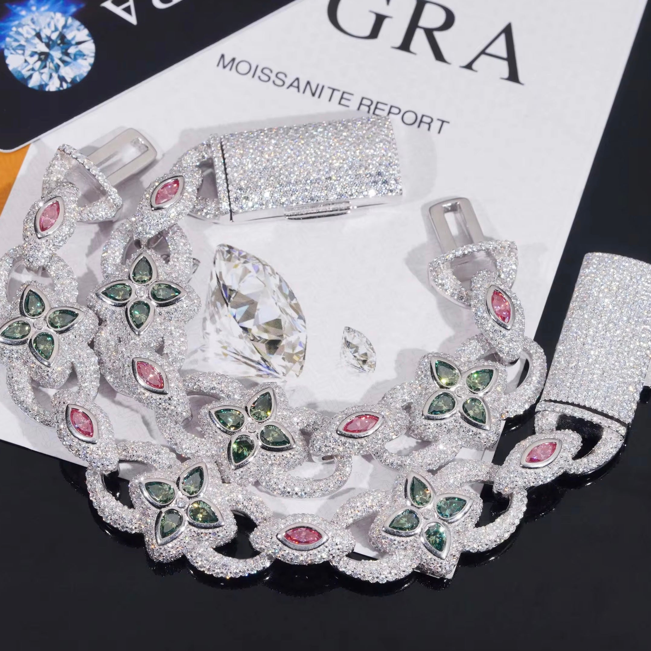 20MM Iced Out Pink Mix Green Moissanite Infinity Link Bracelet For Men Jewelry