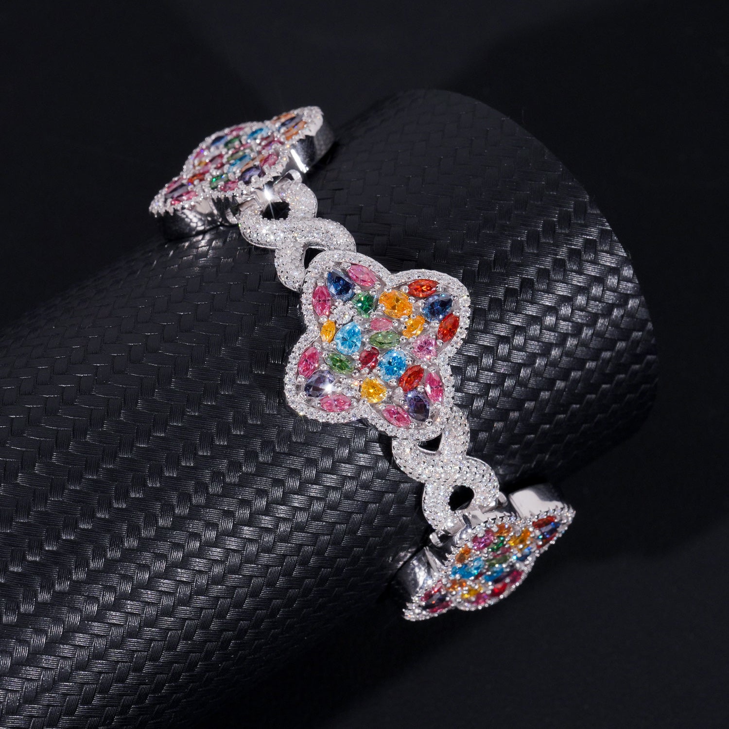 20MM Width Clover Bracelet Fancy Cut Color Moissanite Diamond Solid Silver Iced Out