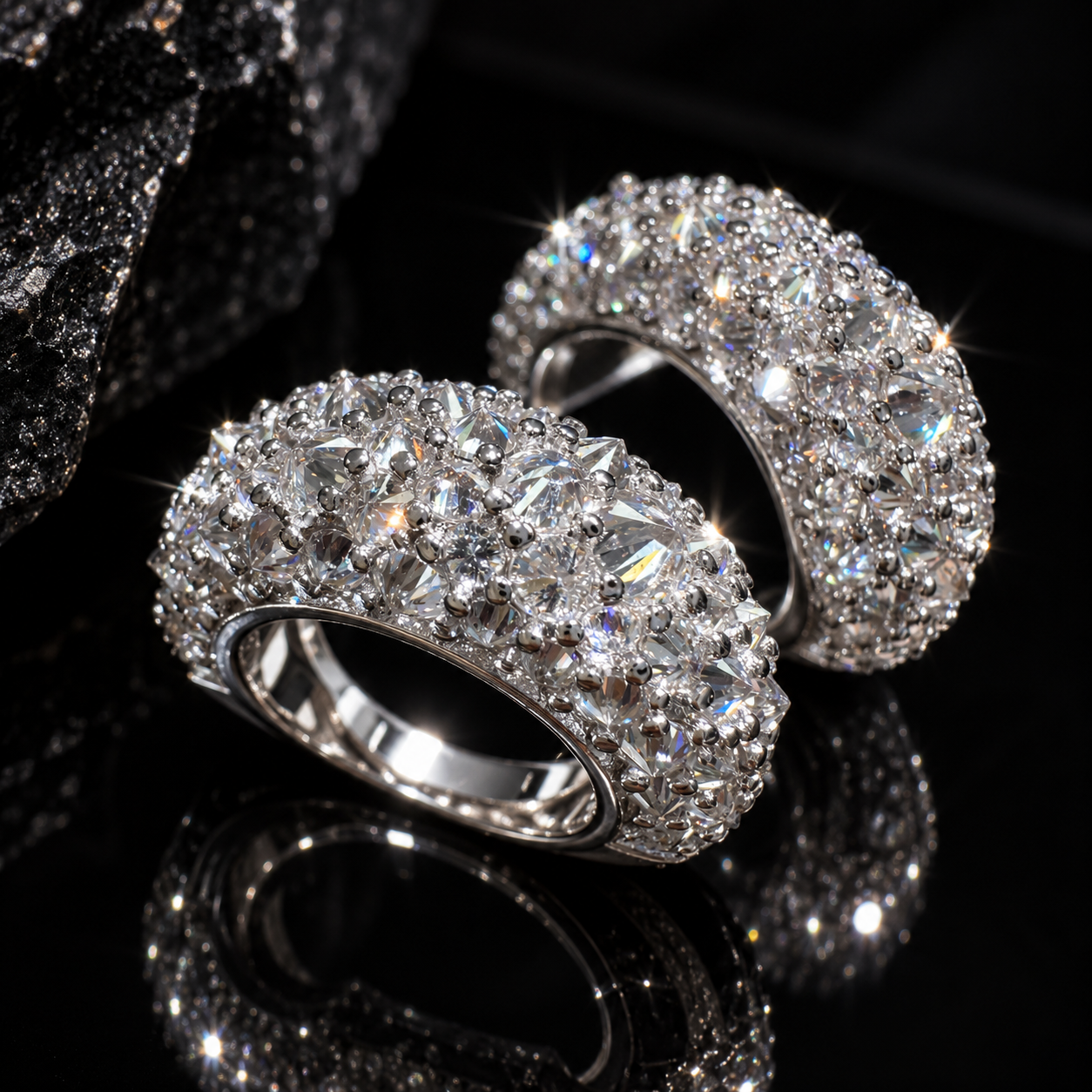 Mosaic Setting Inverted Iced Out Moissanite Hoop Earrings