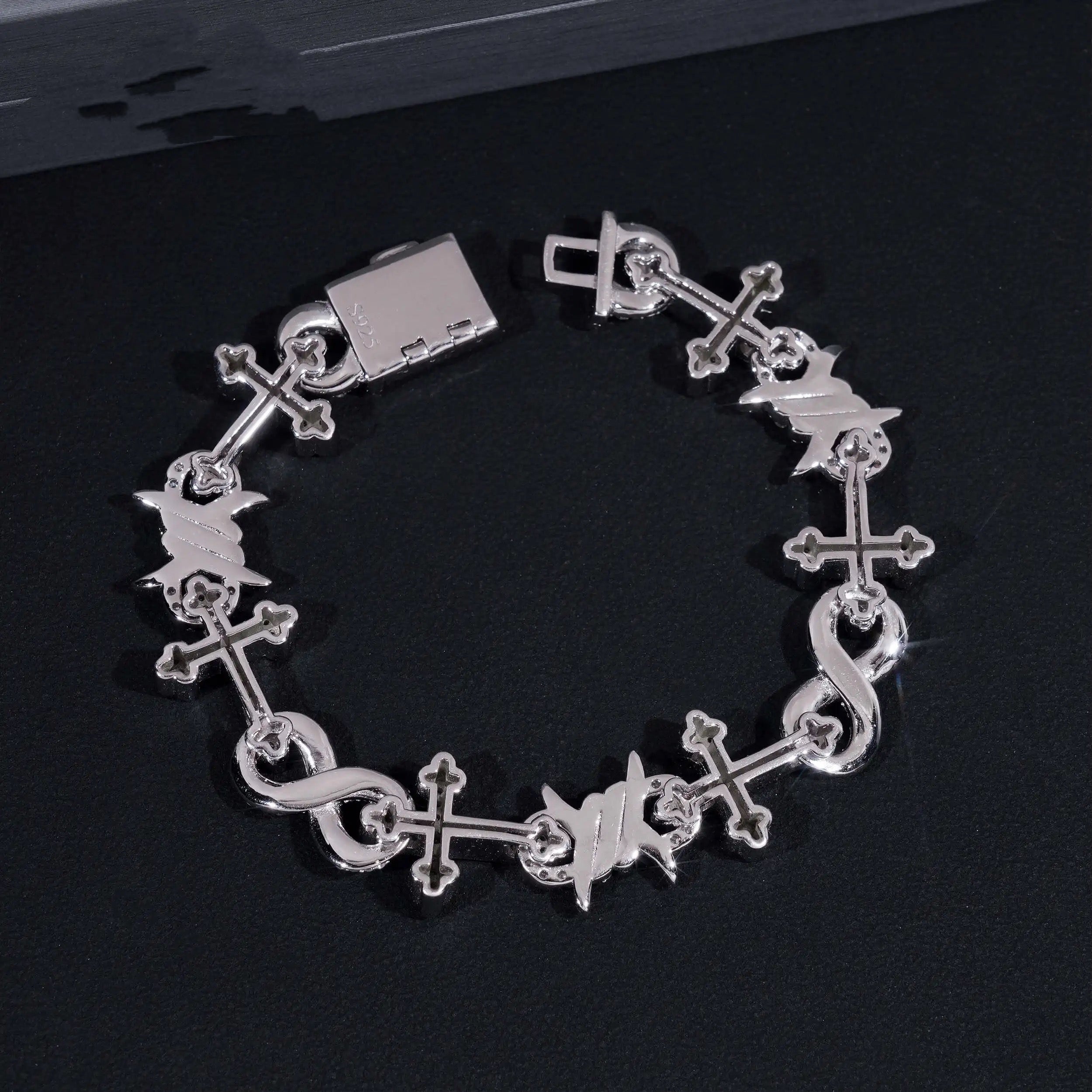 13MM Width 925 Sterling Silver Men Iced Out Infinity Link Cross Charm Bracelet Jewelry