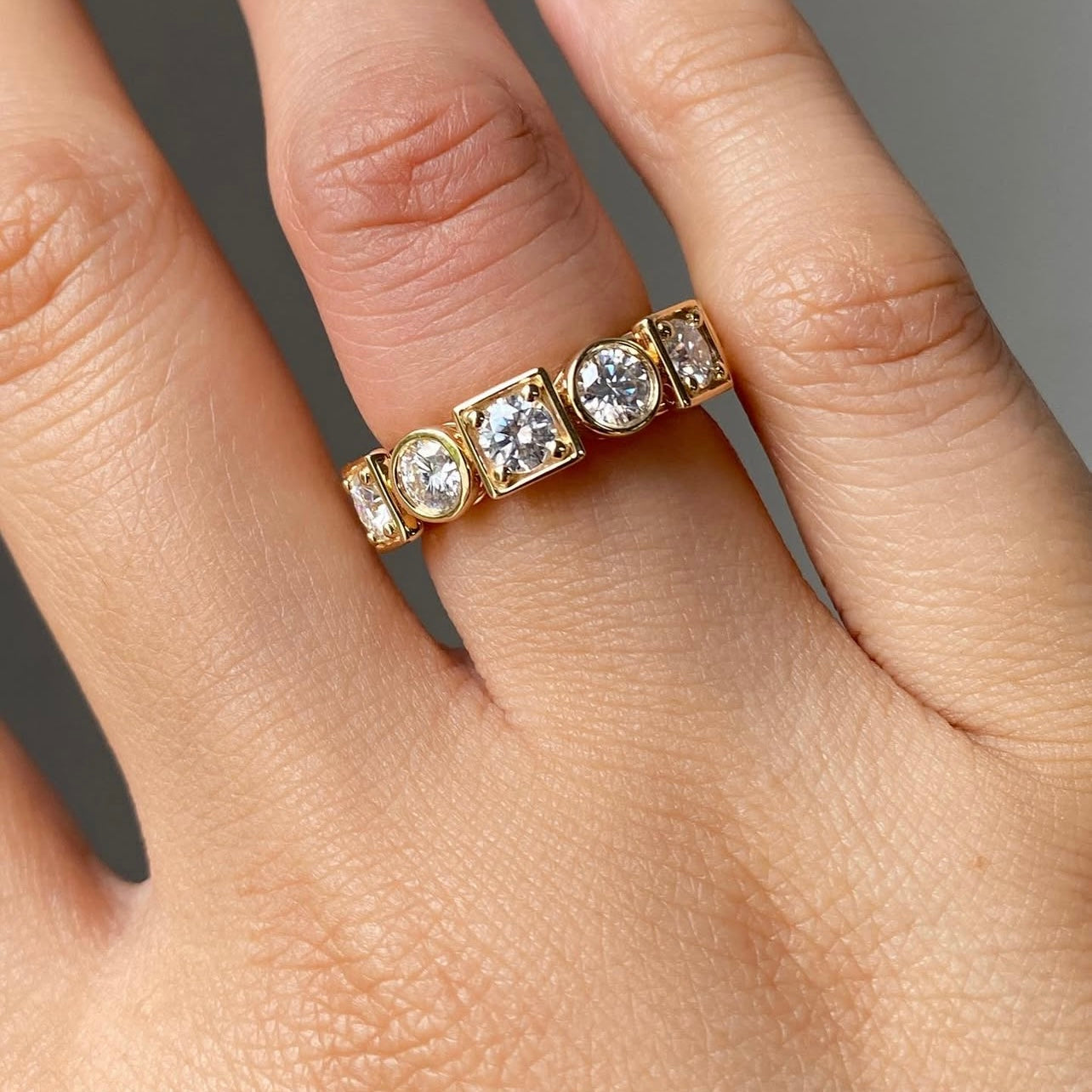 14K Yellow Gold Bezel Setting Fancy Cut Moissanite Diamond Eternity Ring Band