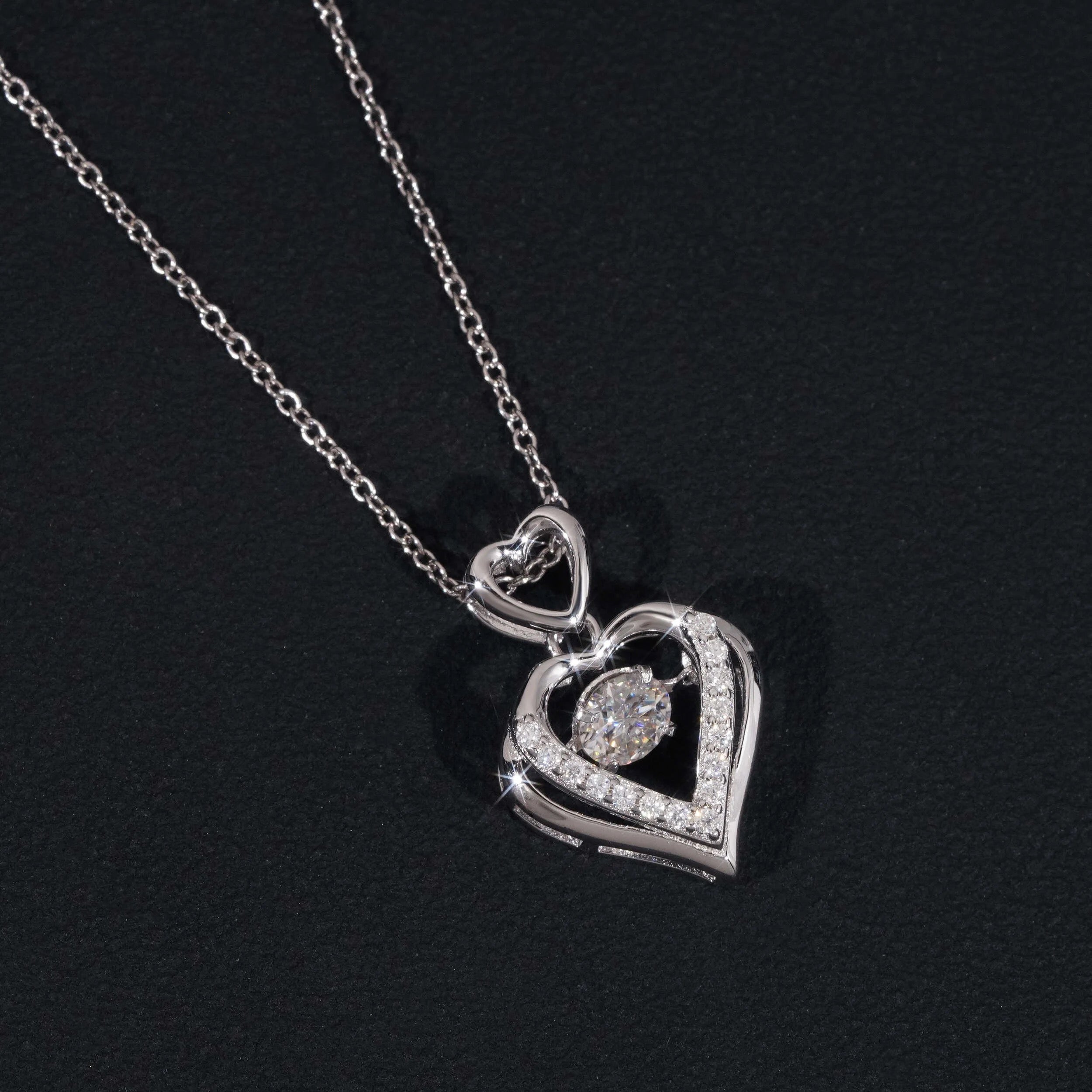 1Inch Tall 925 Silver Heart Shaped Moissanite Diamond Necklace Dancing Diamond Style