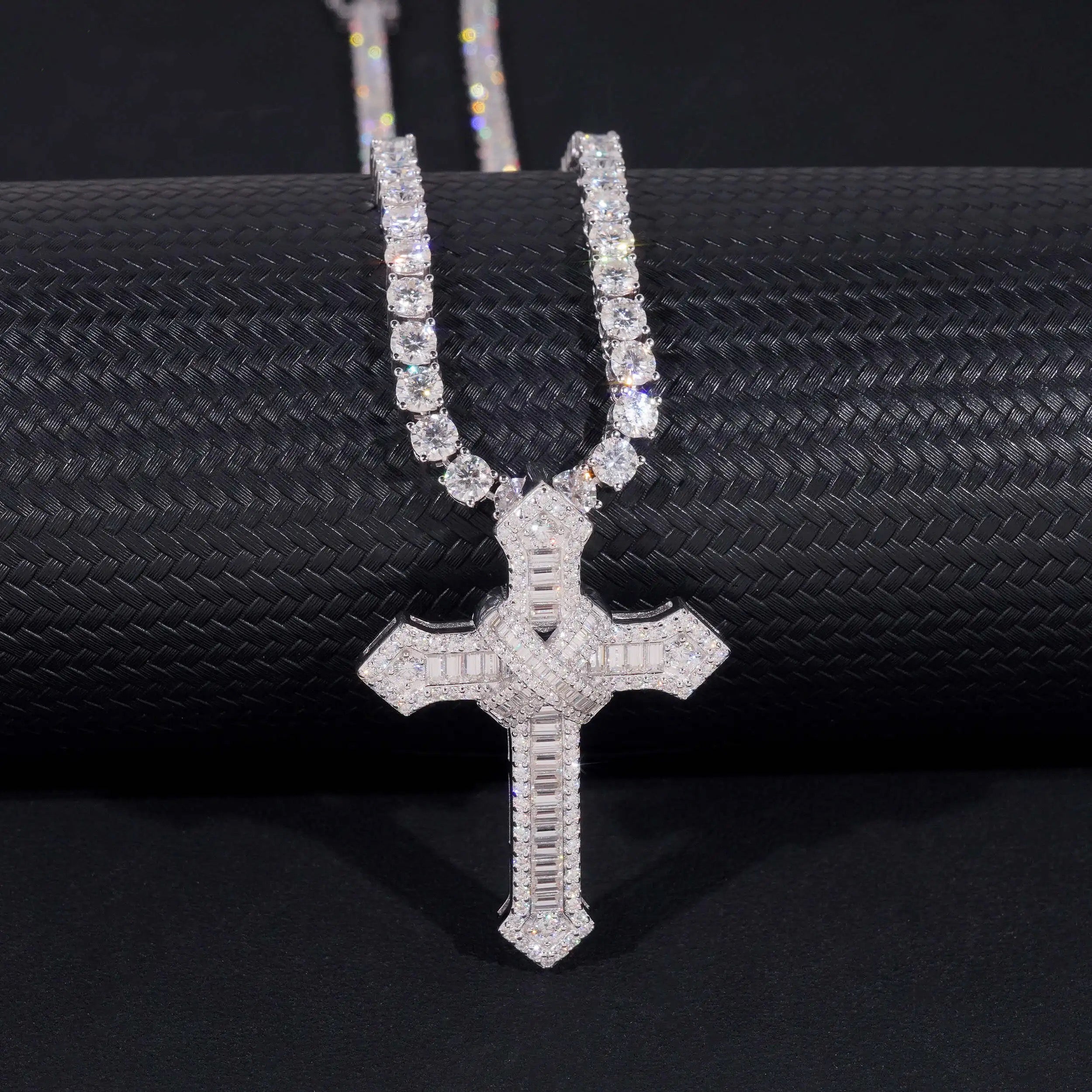 New Arrival 925 Silver Baguette Cut Cross Pendant Charm Match 3MM Tennis Chain