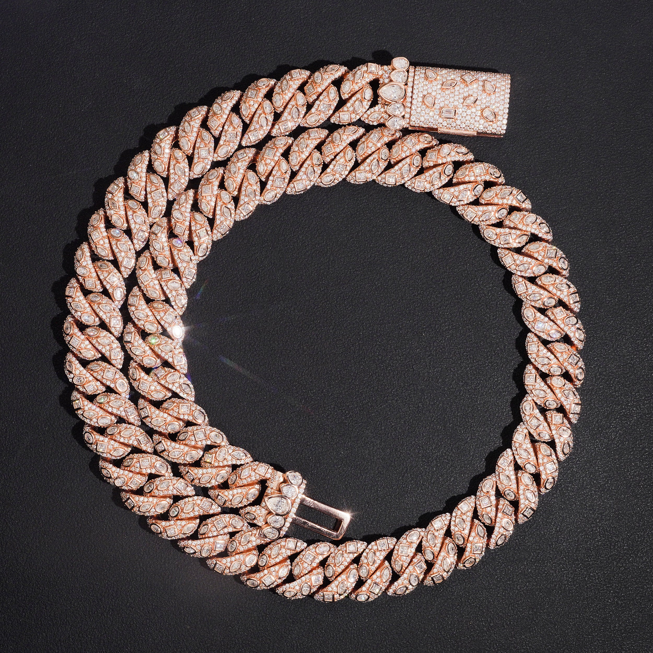 15MM Fancy Cut VVS Moissanite Diamond Cuban Link Chain Necklace Rose Gold