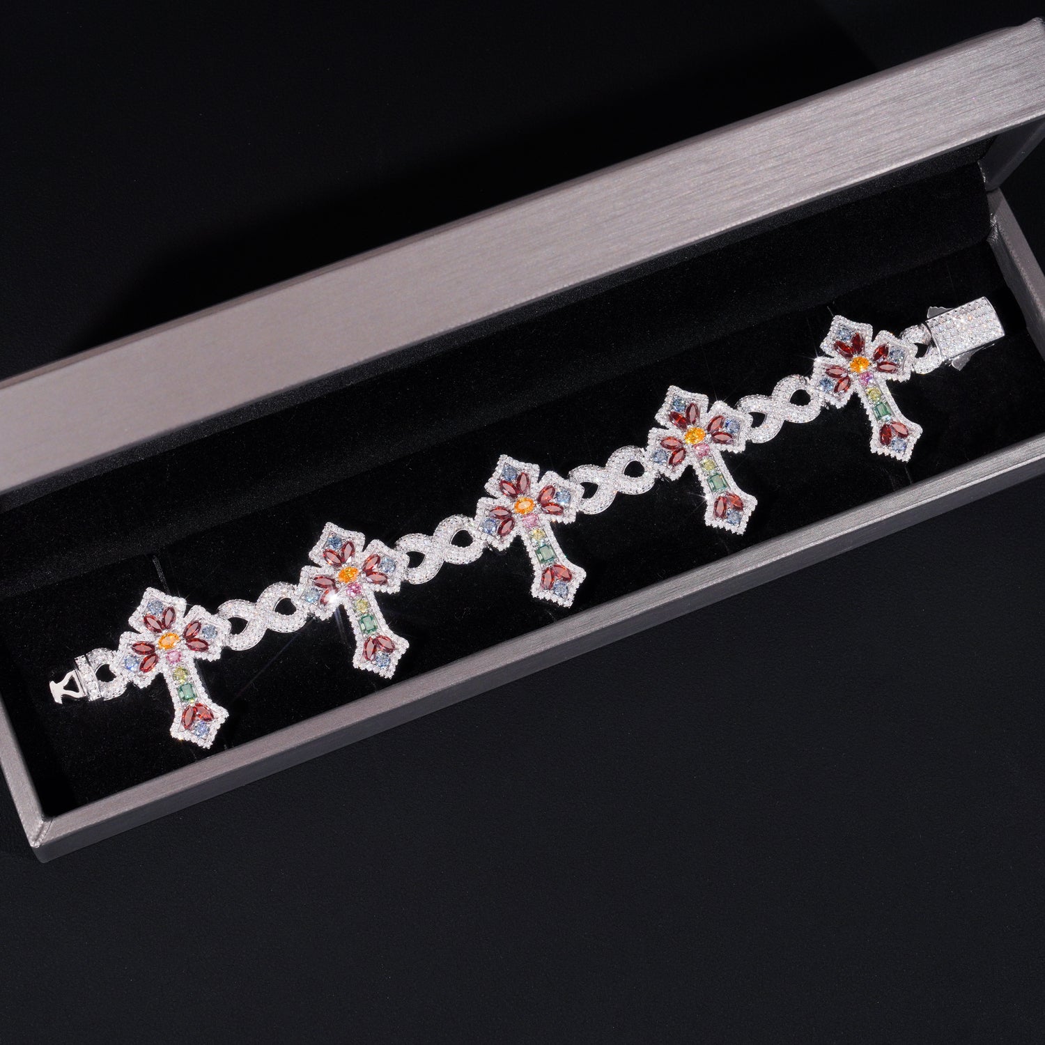 New Arrival Color Moissanite Diamond Baguette Cut Cross Bracelet Solid Silver