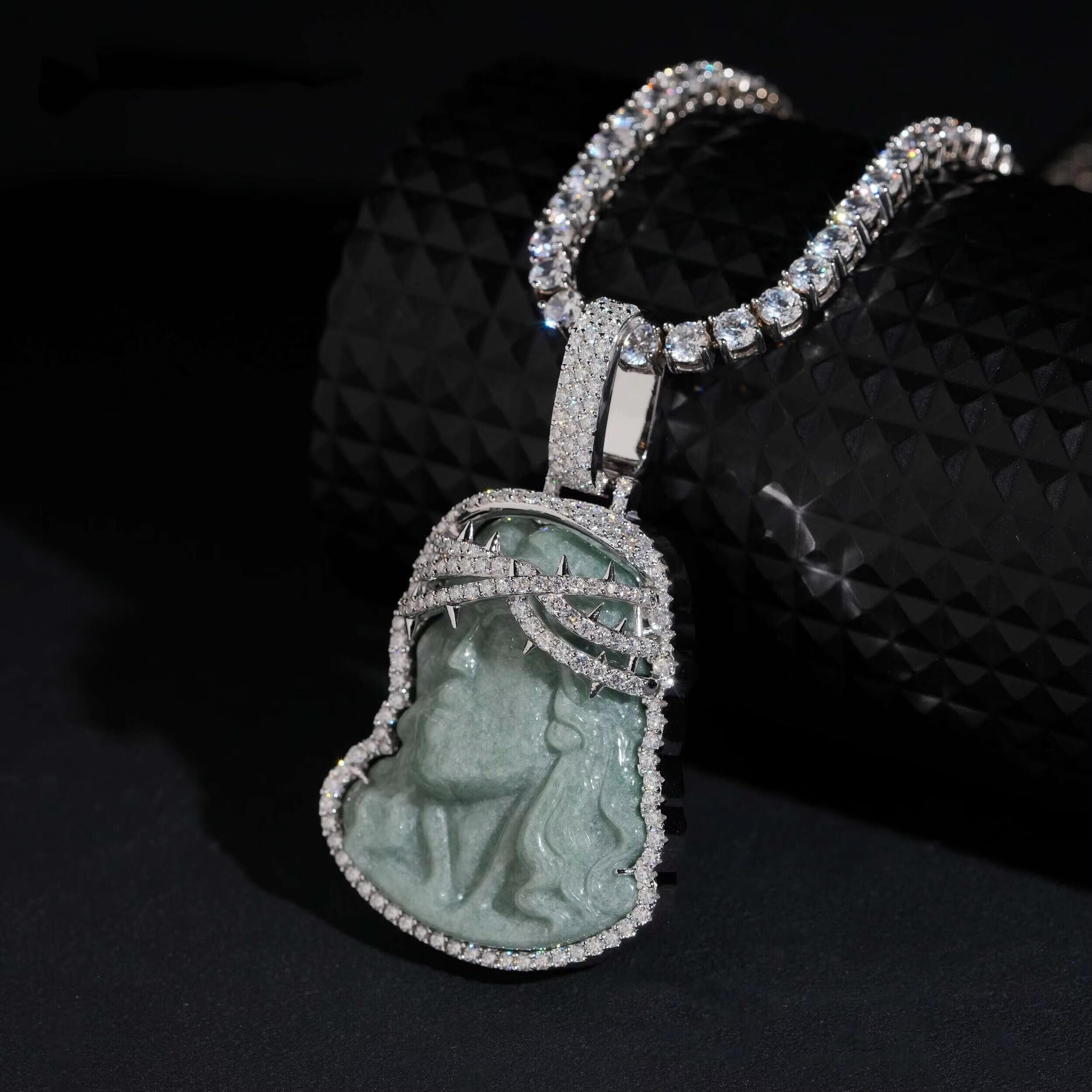 2inch Tall Iced Frame Jade Jesus Pendant Moissanite