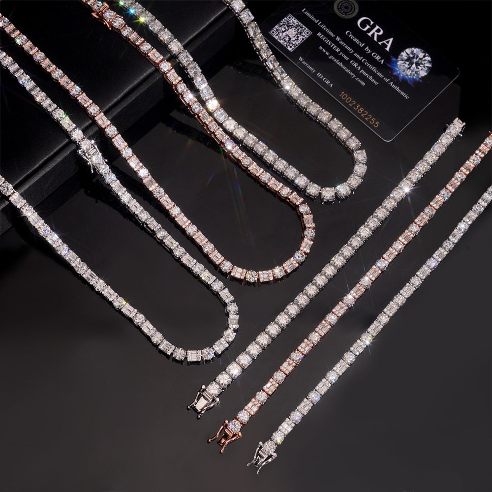 Hot Sell 5MM Round Mix Baguette Diamond Design Moissanite Tennis Necklace