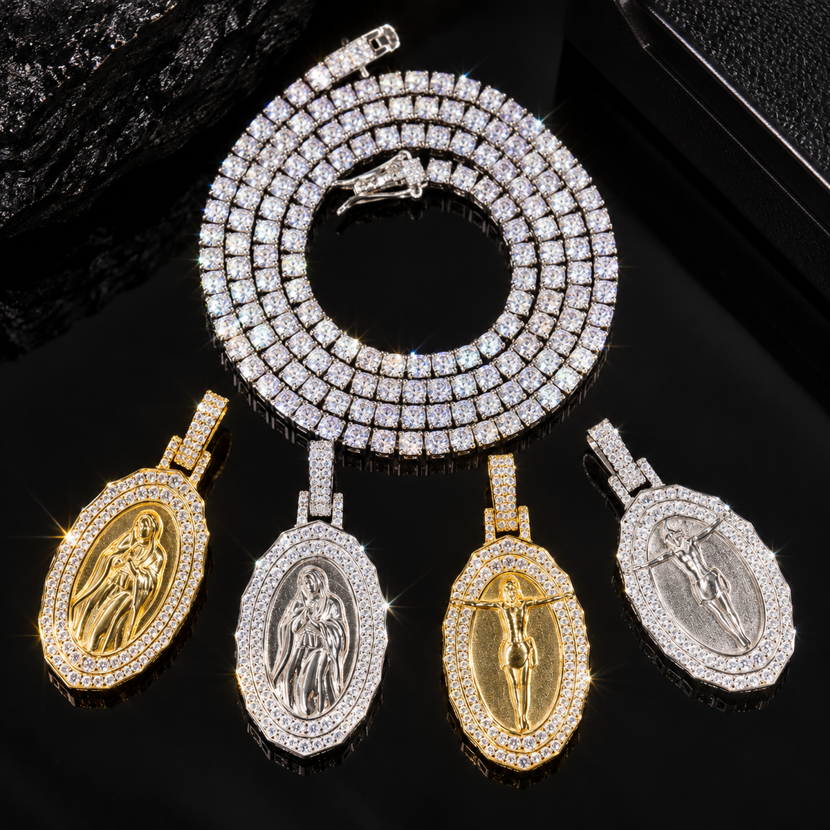 925 Silver Maria & Jesus Pendant with Tennis Chain, Iced Out Hip Hop Jewelry