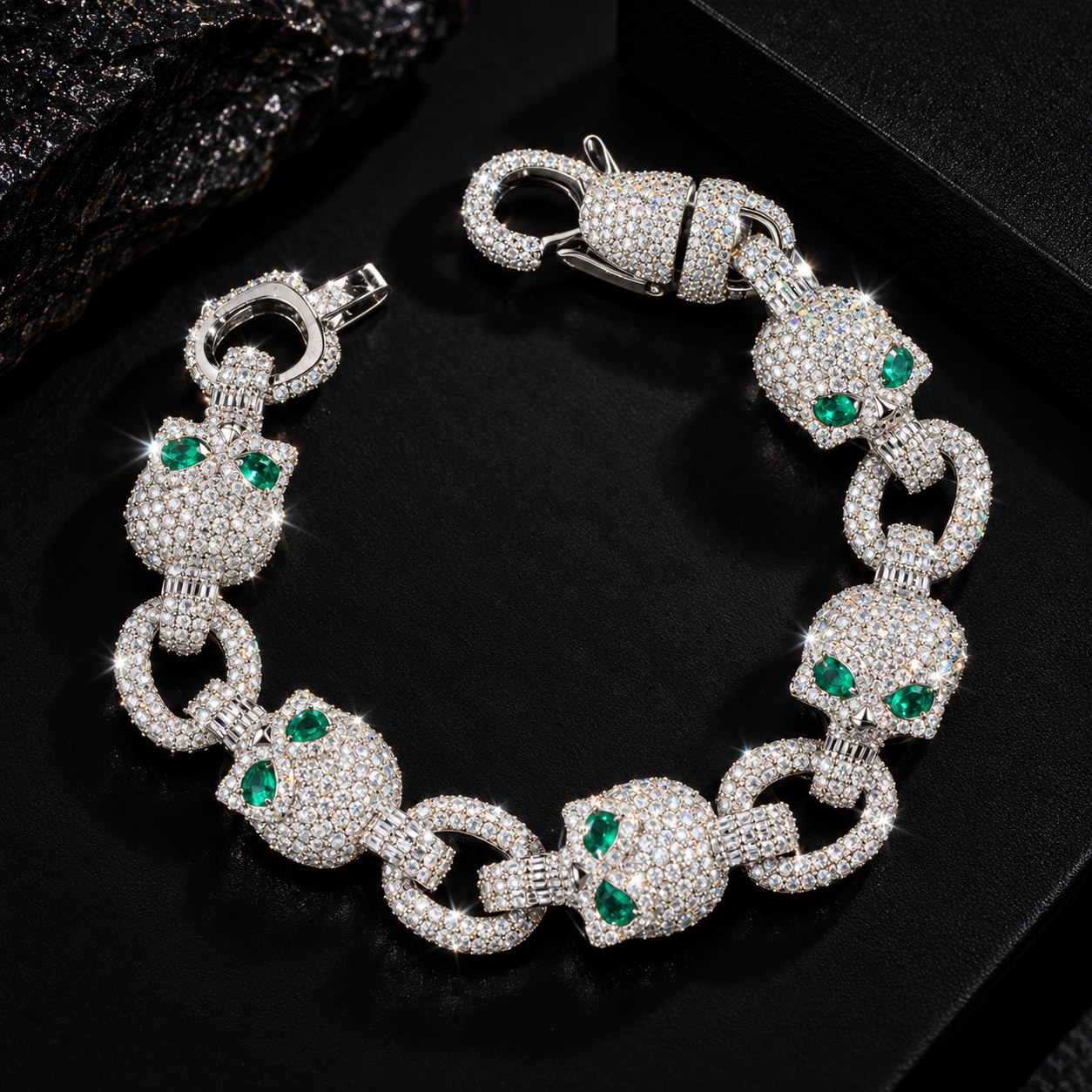 13MM Green Eyes Moissanite Skull Bracelet For Men Solid Silver Pass Diamond Tester Fully iced