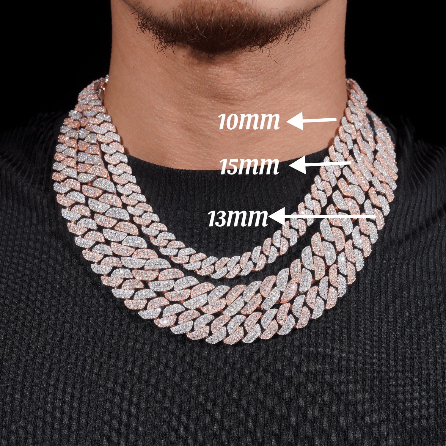 10mm 13mm 15mm  Rose Gold Mix White Gold THree Rows Iced Out Moissanite Diamond Cuban Necklace