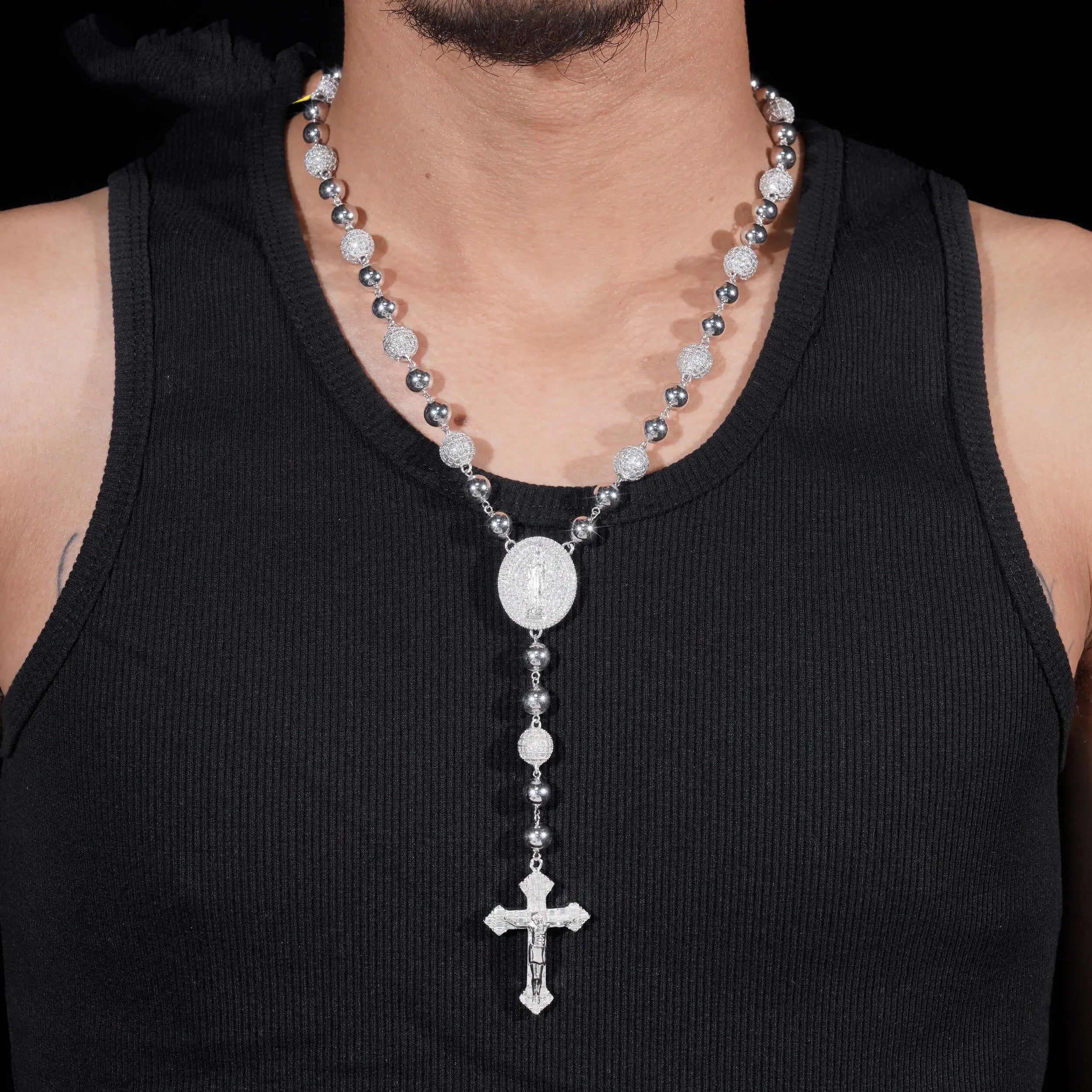 8MM Rosary Ball Chain With Jesus Cross Charm Sterling Silver Iced Out Moissanite Diamond Hip Hop Chain