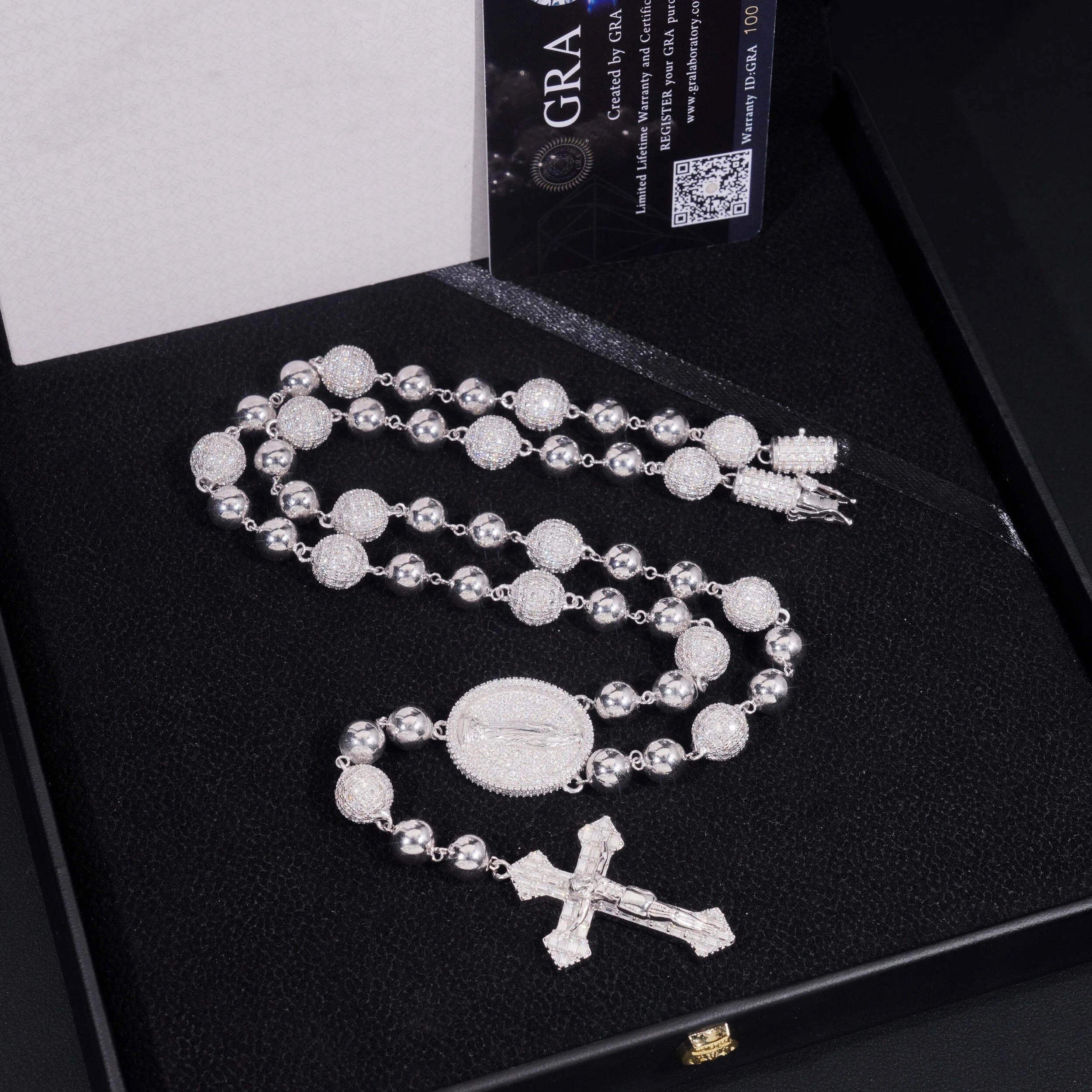 8MM Rosary Ball Chain With Jesus Cross Charm Sterling Silver Iced Out Moissanite Diamond Hip Hop Chain