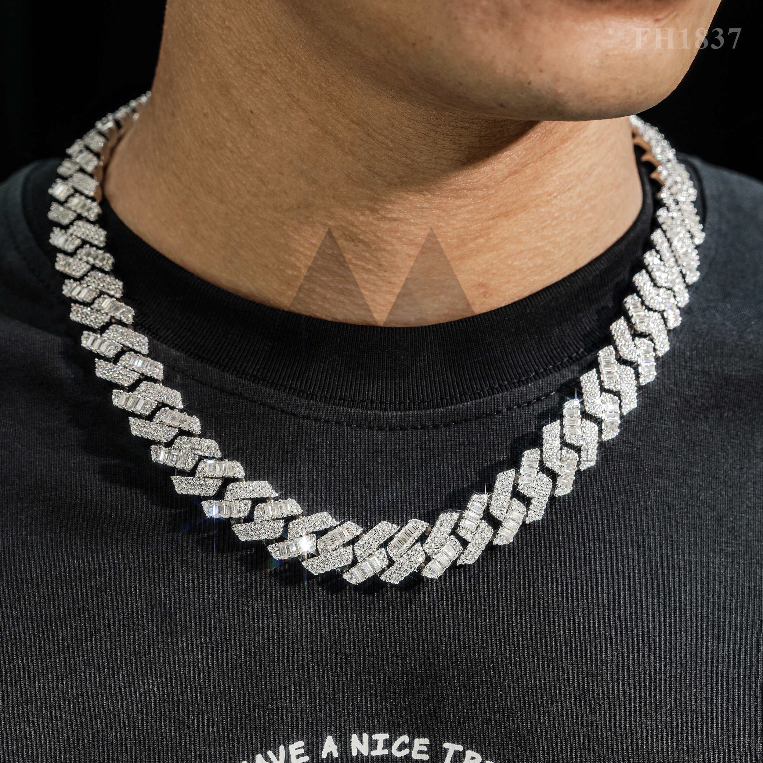 15MM Round Mix Baguette Cut VVS Moissanite Miami Cuban Link Chain Necklace For Men