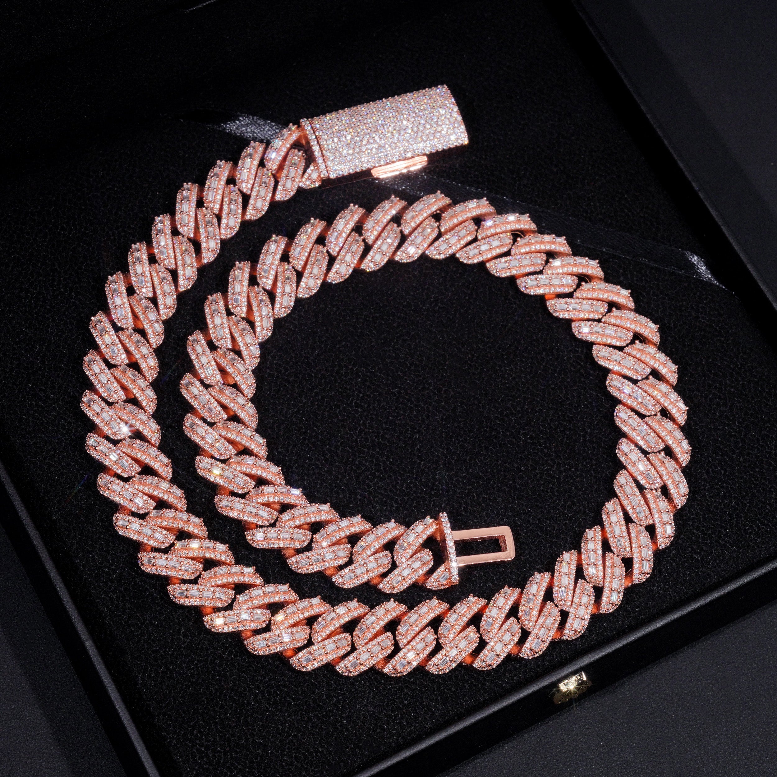 Hip Hop Men Jewelry 18MM VVS Moissanite Diamond Baguette Cut Cuban Link Chain Rose Gold Plated Over 925 Silver