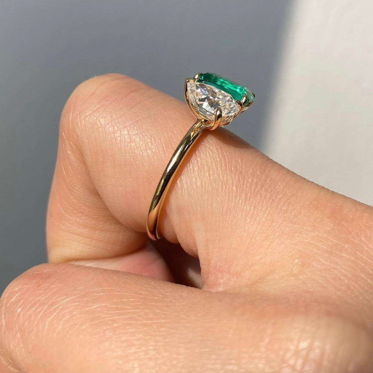 10K Yellow Gold Two Tone White Mix Lab Created Emerald VVS Moissanite Diamond Ring