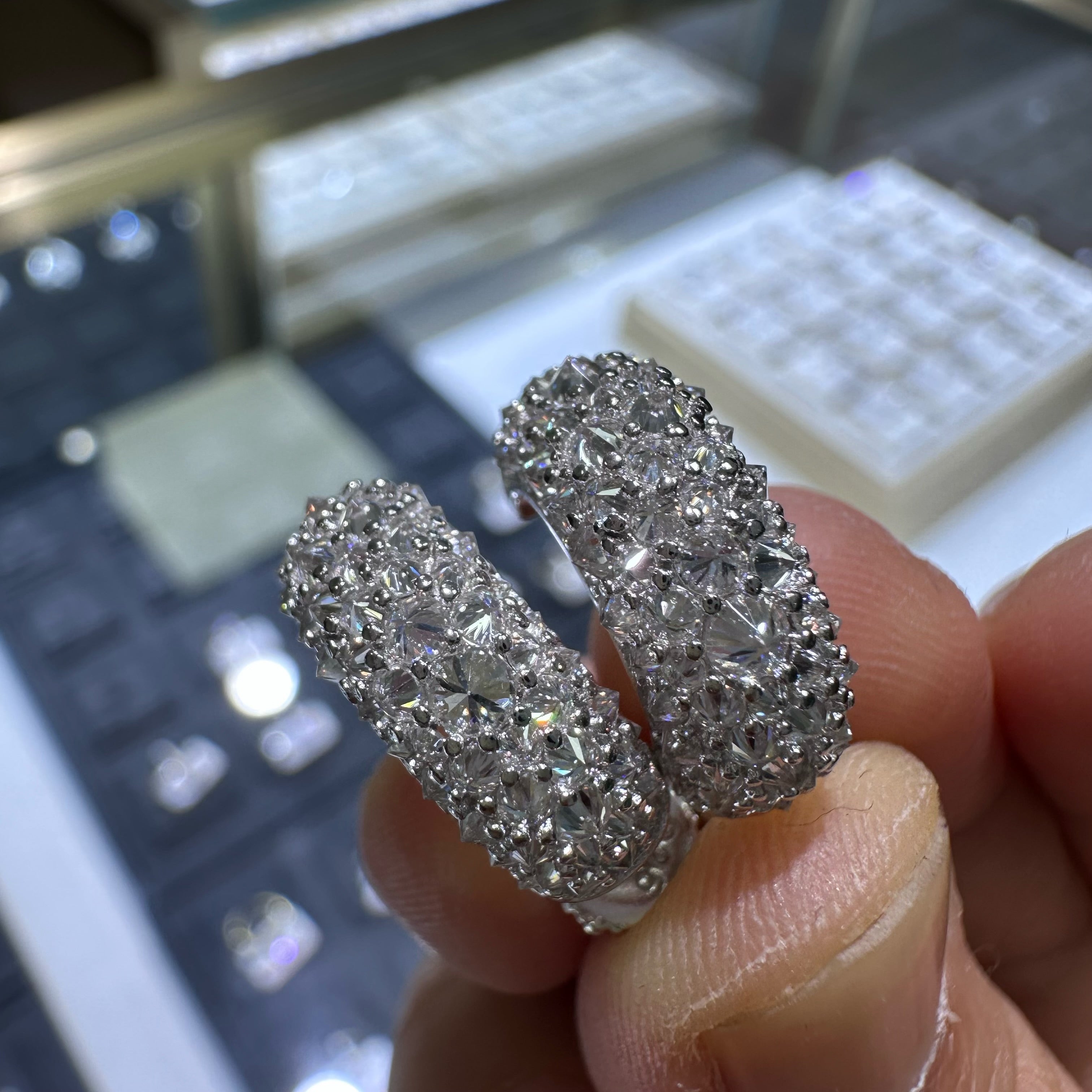 Mosaic Setting Inverted Iced Out Moissanite Hoop Earrings