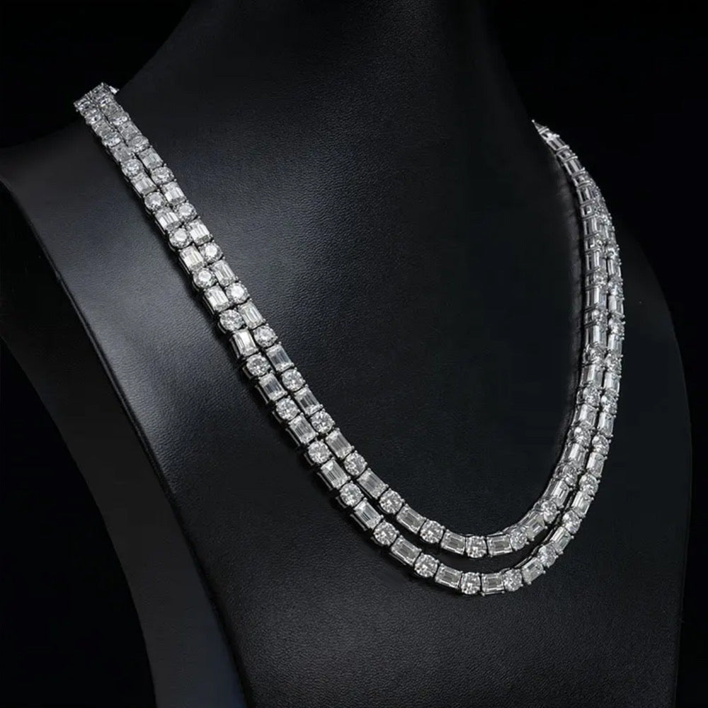 Emerald Cut Mix Round Cut VVS D Color Moissanite Diamond Tennis Chain