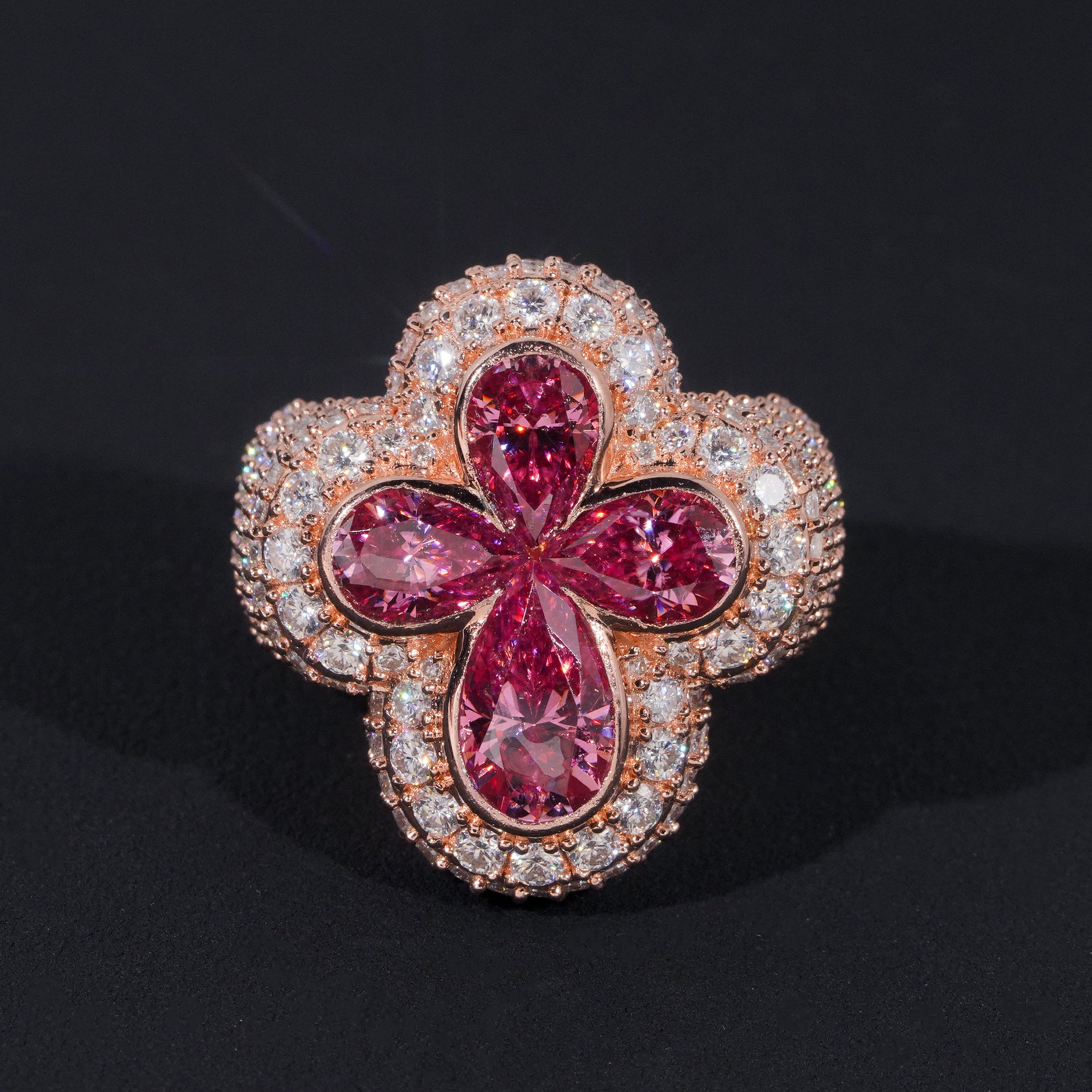 VVS Pink Moissanite Clover Flower Ring Rose Gold Plated Over Solid Silver