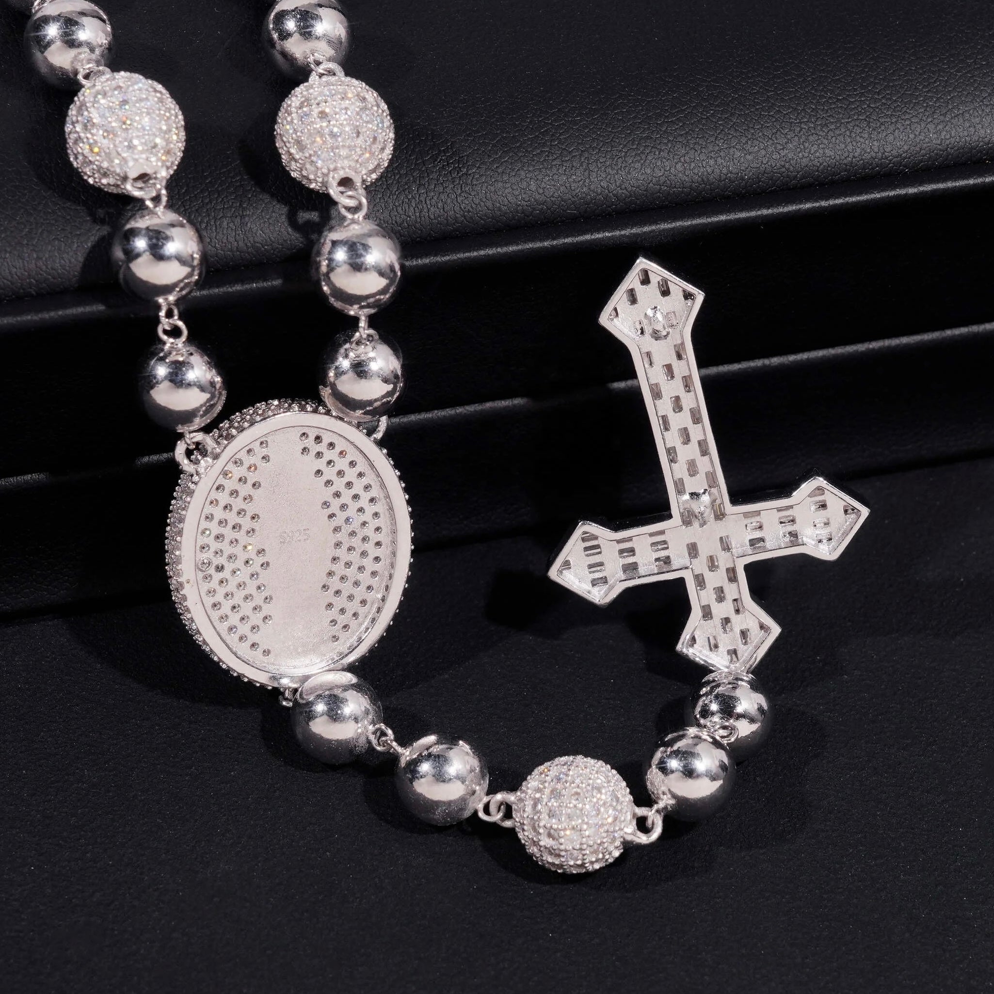 8MM Rosary Ball Chain With Jesus Cross Charm Sterling Silver Iced Out Moissanite Diamond Hip Hop Chain