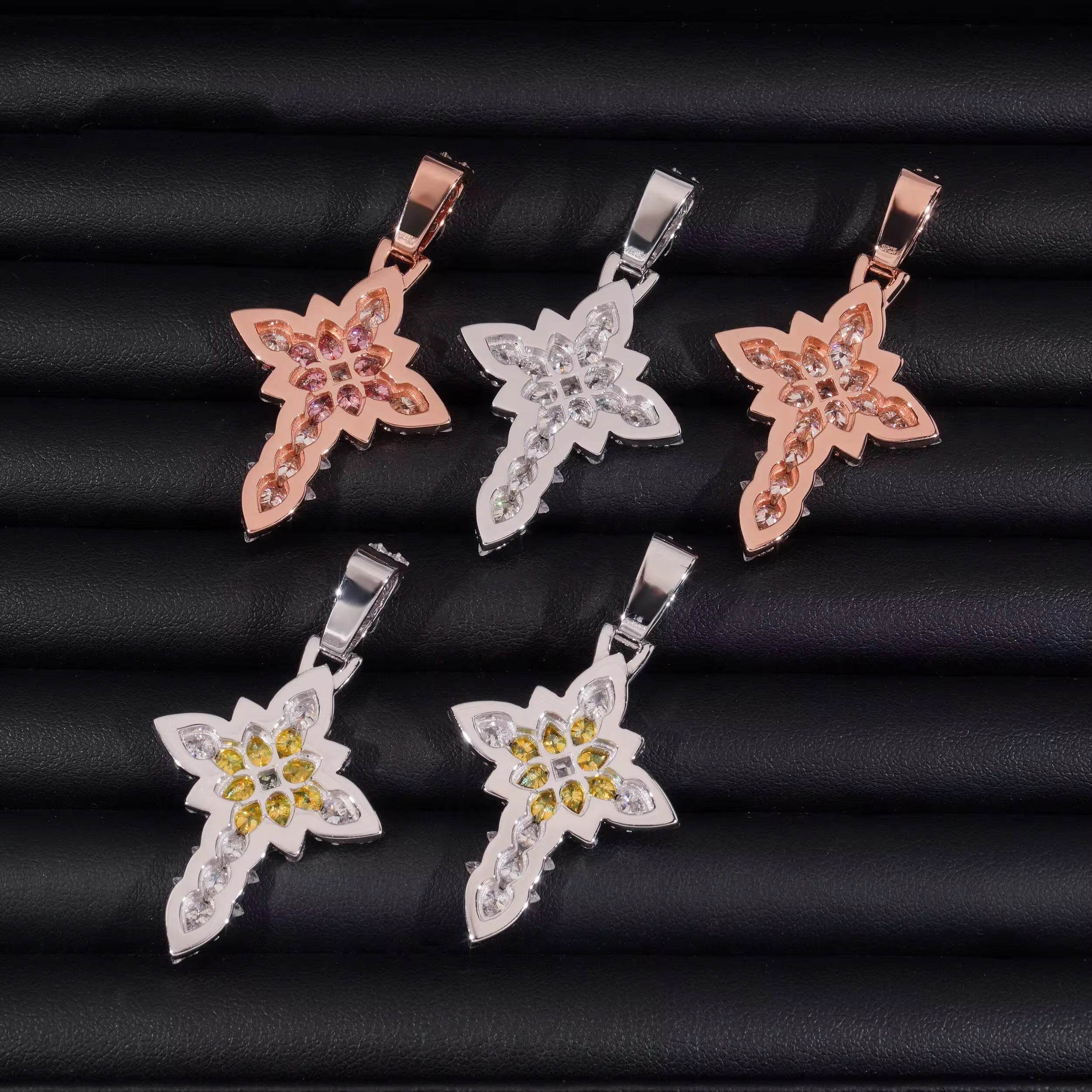 New Arrival Color Moissanite Flower Cross Pendant Fit for 4MM Tennis Chain